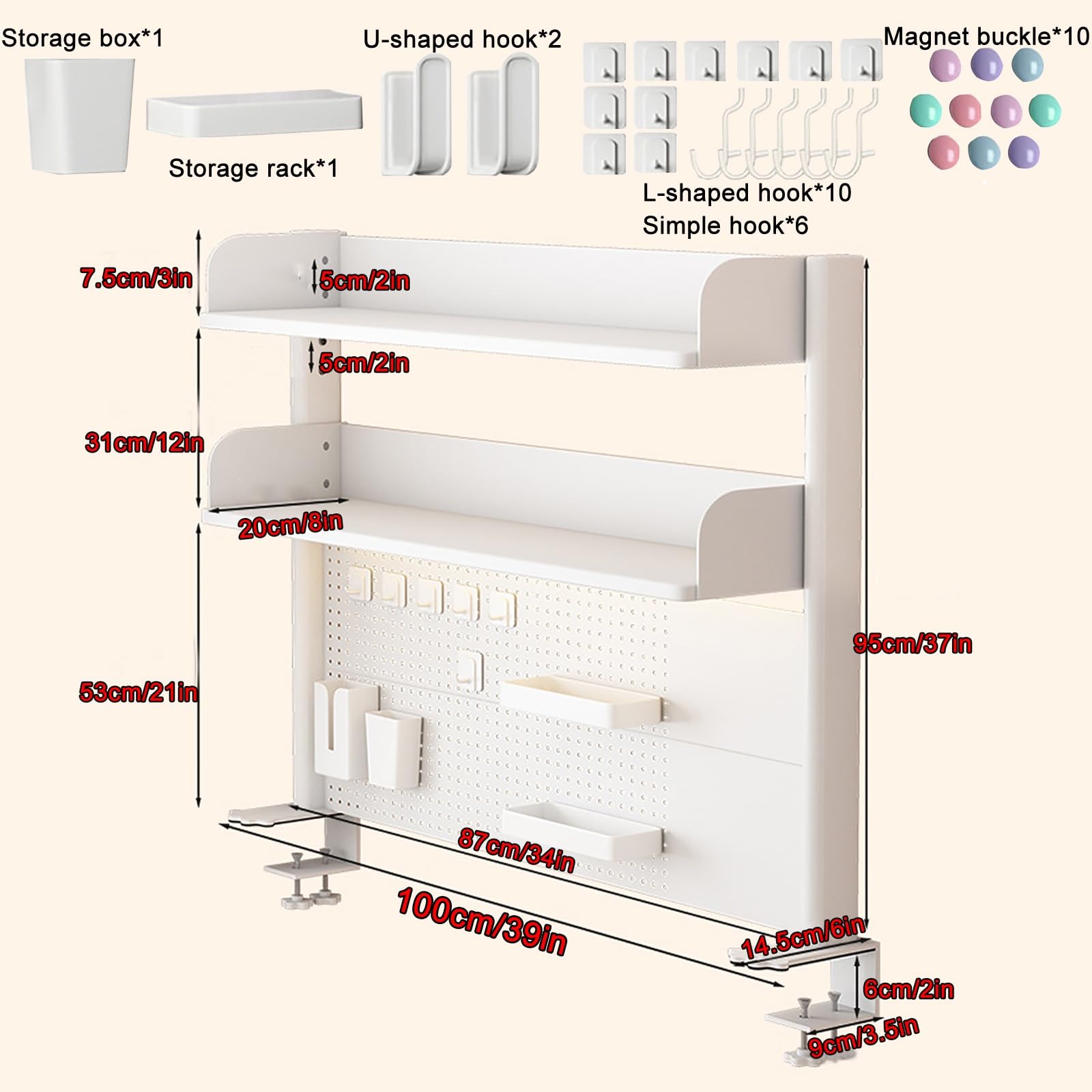 Mensola da Scrivania Workstation con Pannello Forato Estensibile da Scrivania, Scaffale da Scrivania con Morsetto Sopra, Pannello con Picchetti Magnetici in Metallo con 20 Accessori ( Size : 100*95cm/