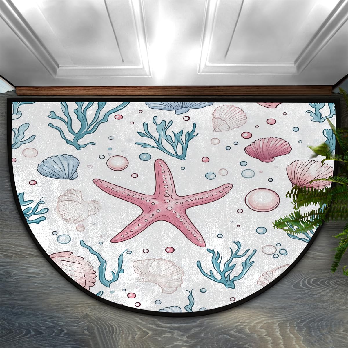 Tapis de cuisine antidérapant demi-rond motif plage et corail