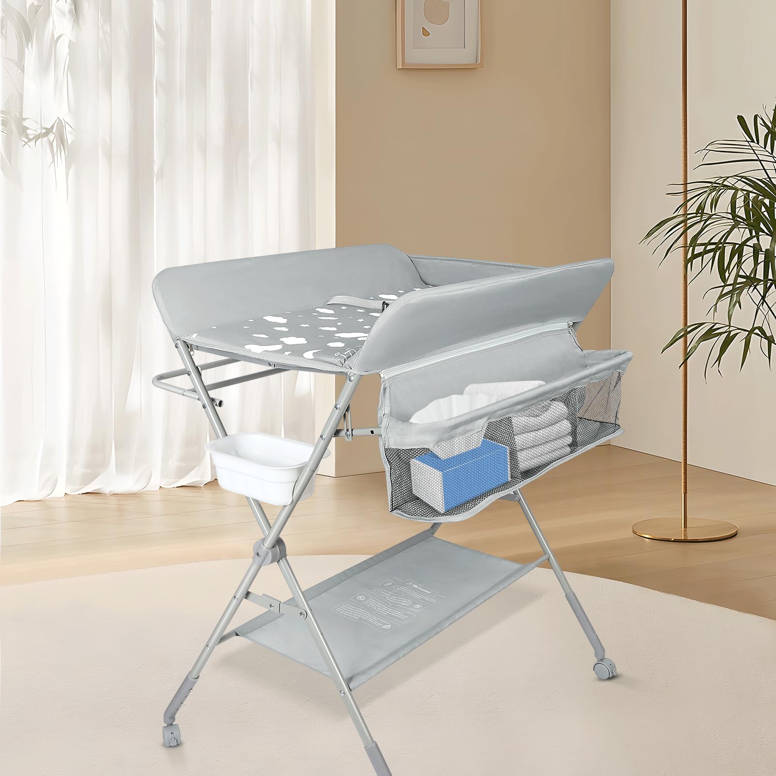 OHMG Table à langer pliante, Pliable et compacte, Table à langer avec panier de rangement, ceinture de sécurité et 4 roues avec frein, Réglable en hauteur