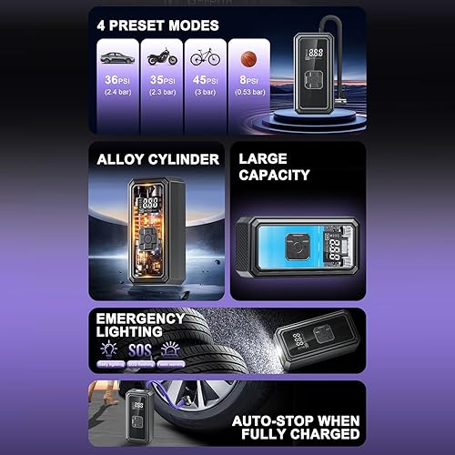 Miniatura 8 de Bomba de aire para neumáticos de automóvil con luces de parada automática inalámbrica - Inflador de neumáticos ABS compresor de aire portátil para