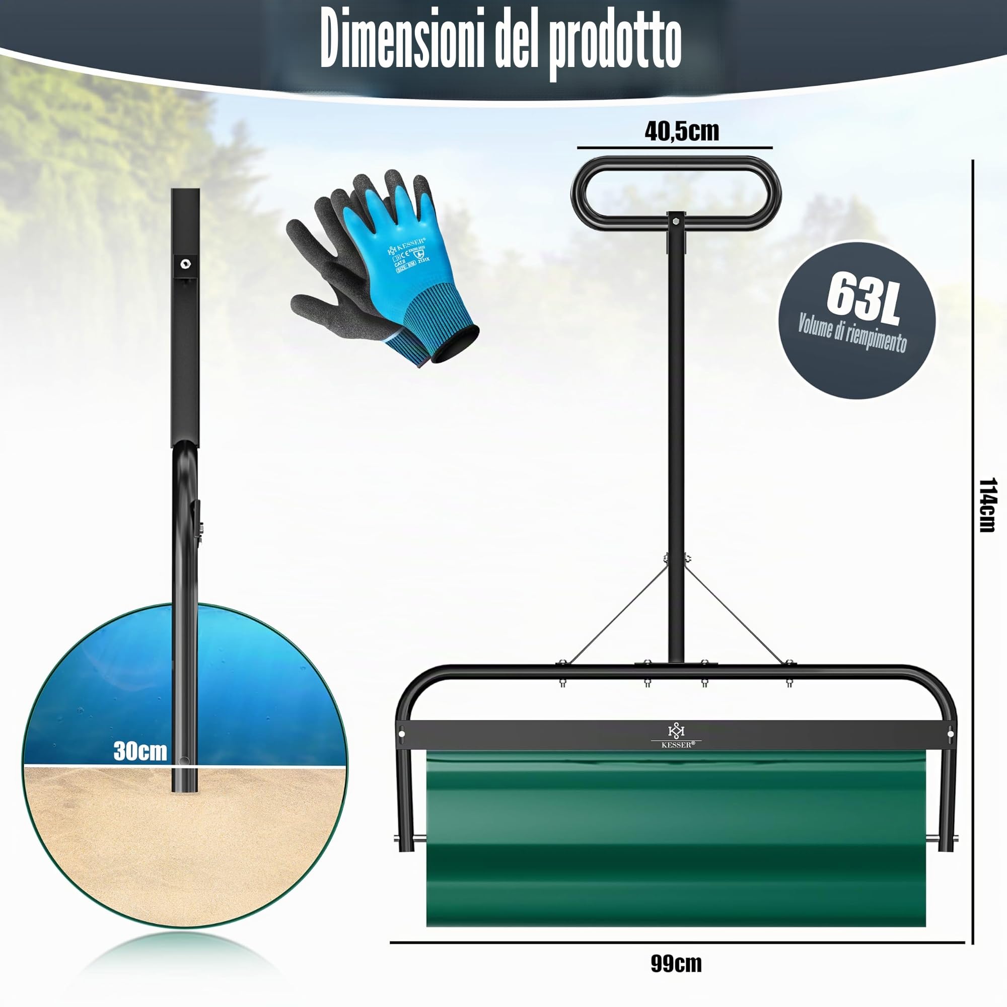 KESSER® Rullo per prato in metallo, riempibile con acqua o sabbia, con 63 litri di volume e 99 cm di larghezza, rullo da giardino con guanti, rullo manuale per prato, rullo da agricoltura, colore