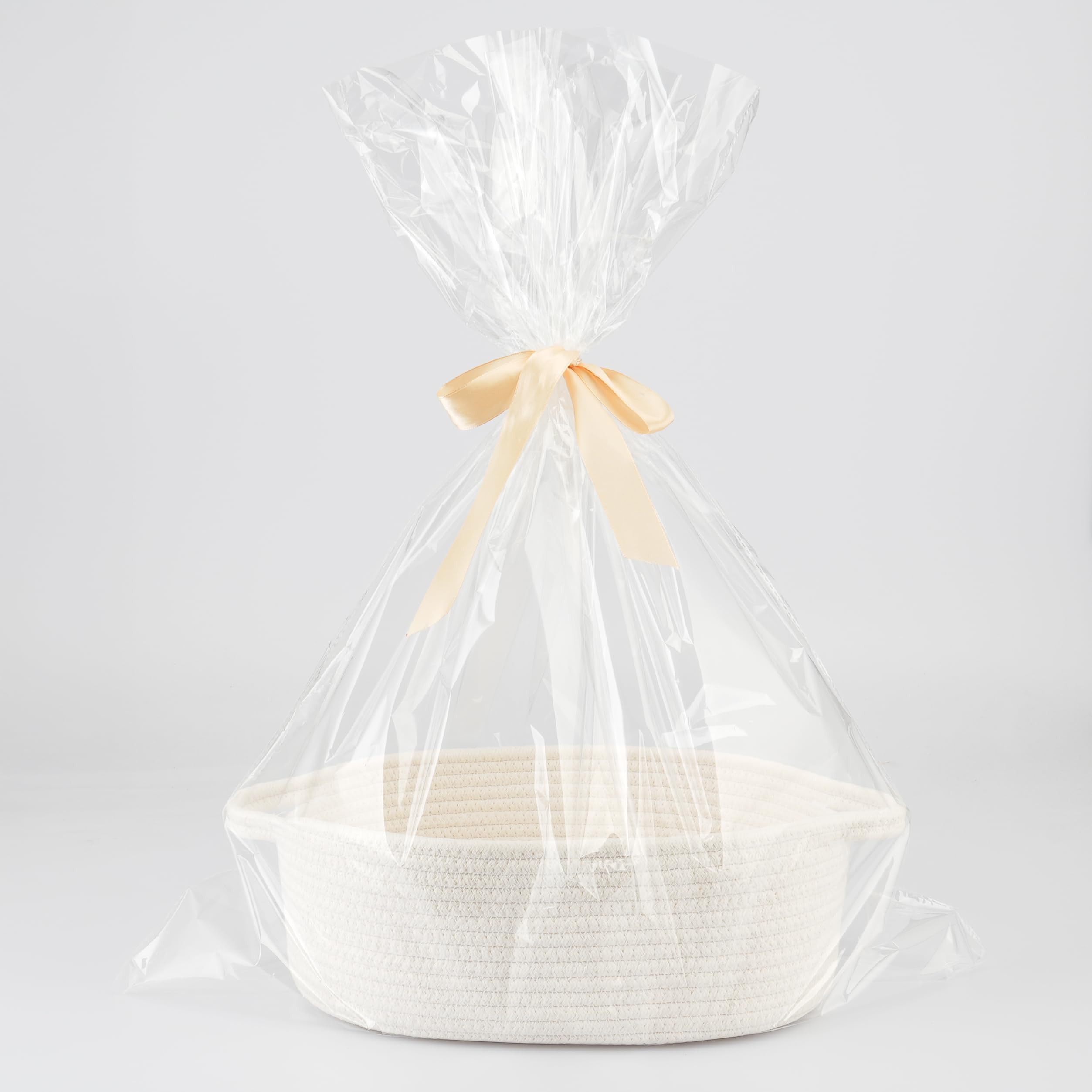 Kosz prezentowy, pusty pleciony kosz z liny bawełnianej, kosz prezentowy z folią prezentową i kokardką, kosz do przechowywania na baby shower, urodziny, wesele, Boże Narodzenie, Wielkanoc, biały