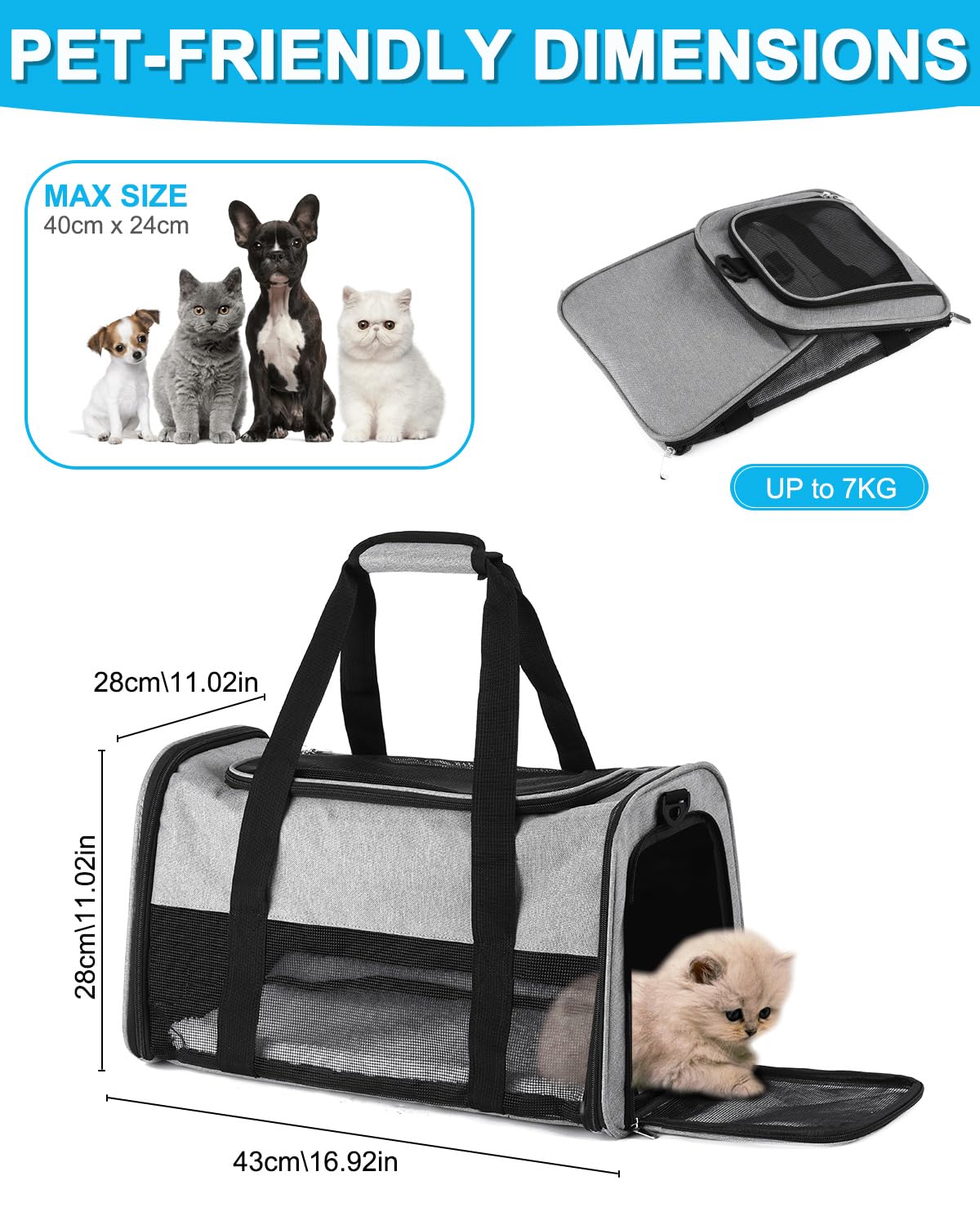Katzentasche Transporttasche,Katzentragetasche Leicht, Belüftete Katzentransportbox für Reisen,Auto,Tierarzt, bis 6 kg,Tragbar Faltbare Haustier Tragetaschen mit Schultergurt