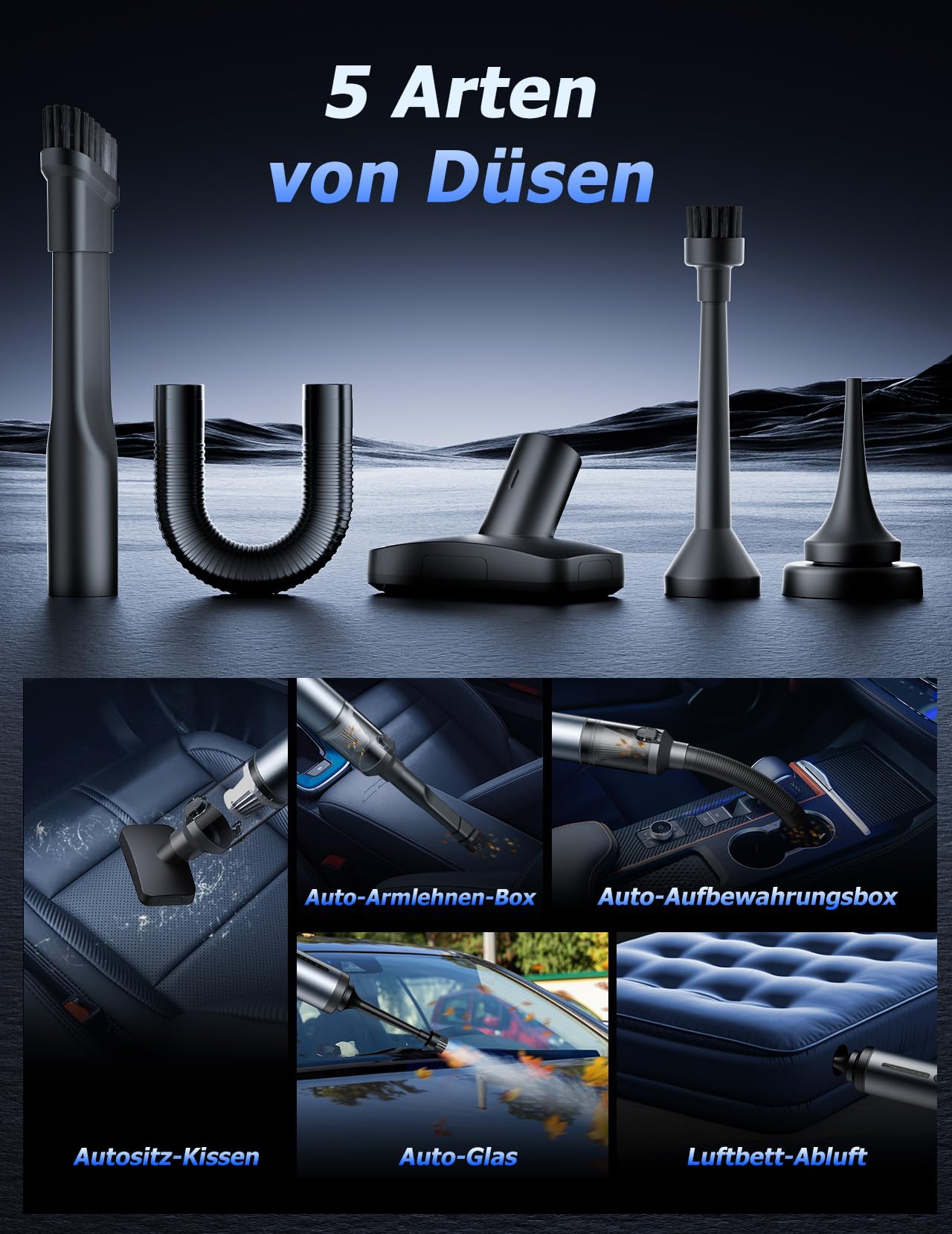 Handstaubsauger Akku, 4-in-1 Autostaubsauger Akku, 16000PA Auto Staubsauger Stark, 30 Min Laufzeit, USB-C Ladung, Mini Staubsauger für Auto, Haustiere, Sofa, Tastaturen, Büro