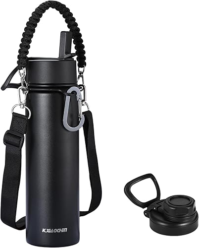 Miniatura 27 de KXIAOCHEN Botella de agua aislada, botella de agua de acero inoxidable, 2 tapas (con pajilla y tapa con asa), botellas de agua metálicas de boca