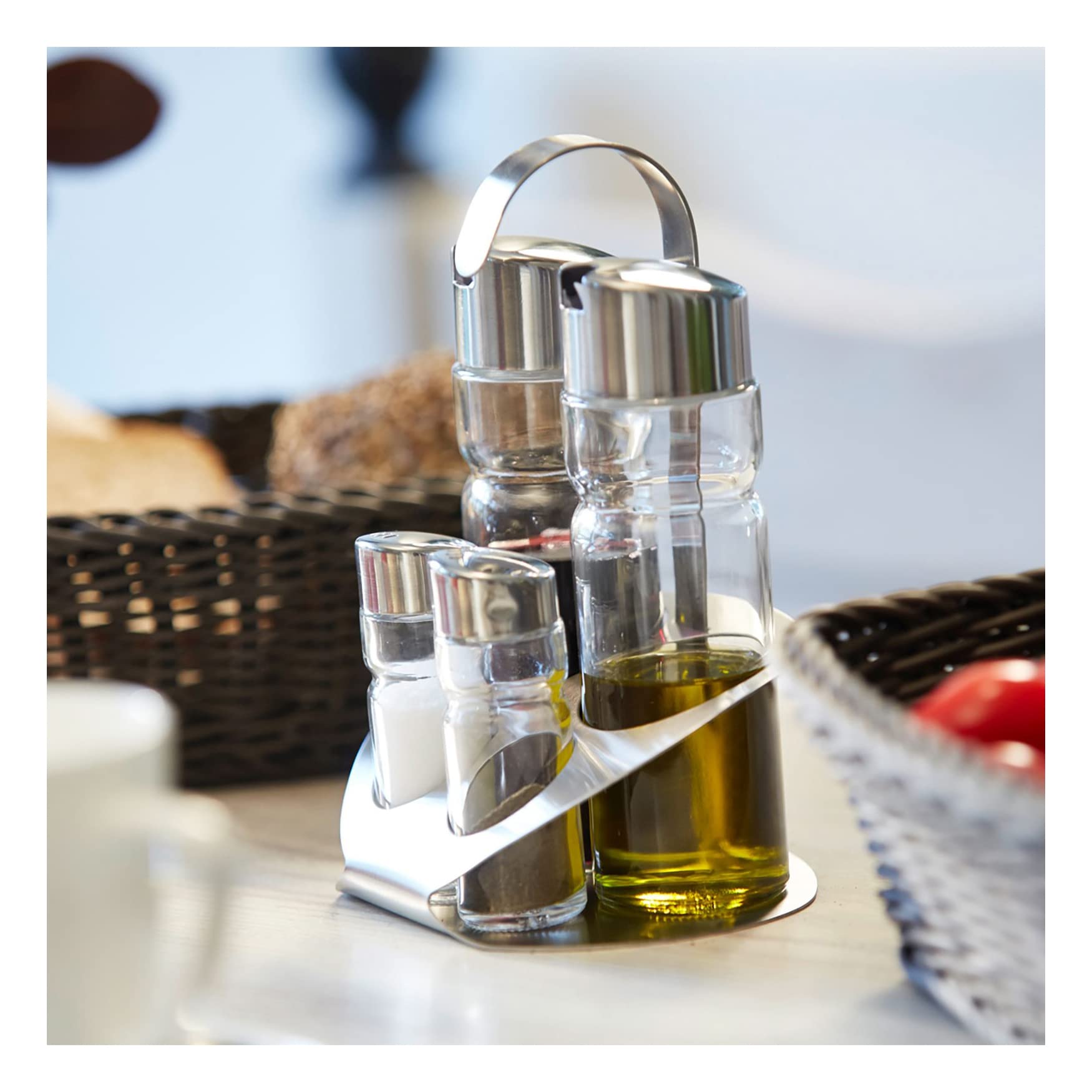 Westmark Ampolliera per sale, pepe, olio e aceto, 5 pezzi, Capacità: 2x 40 ml/2x 160 ml, Acciaio inox/Vetro, Wien, Argento/Trasparente, 65052260
