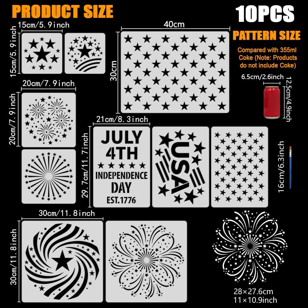 FINGERINSPIRE 10PCS Independence Day Painting Stencils with Paint Brush 5 Sizes Firework Celebration Drawing Template DIY Stars Pattern Stencil United States Independence Day Theme Template for Decor