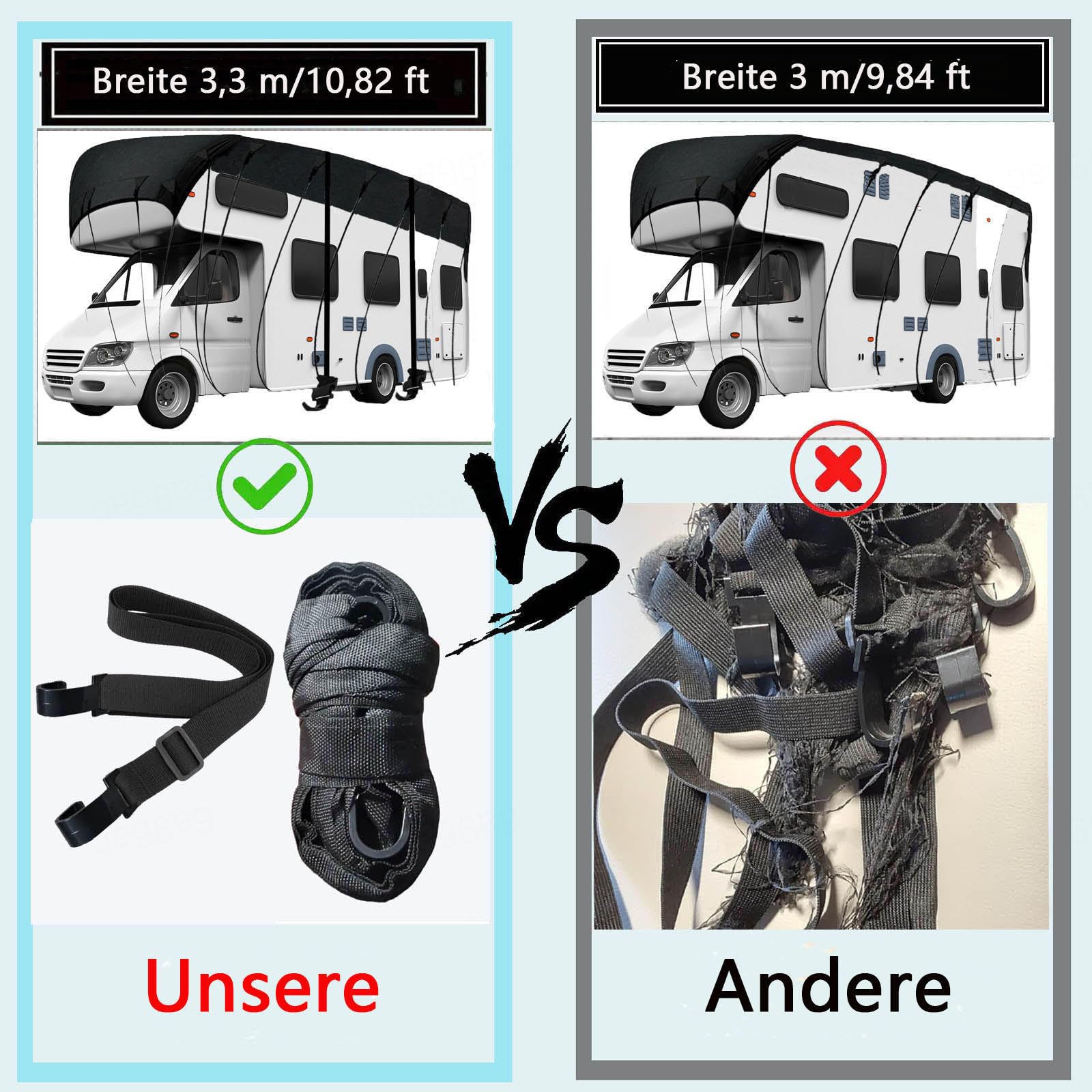 Extra breit 3,3 Meter Wohnmobil Abdeckplane 210D Oxford-Gewebe Deichselabdeckung Wohnwagen Geeignet für Jede Jahreszeit Und Jedes Klima （mit 2 x 10 m zusätzlichen Gurten）,Schwarz-12x3.3m
