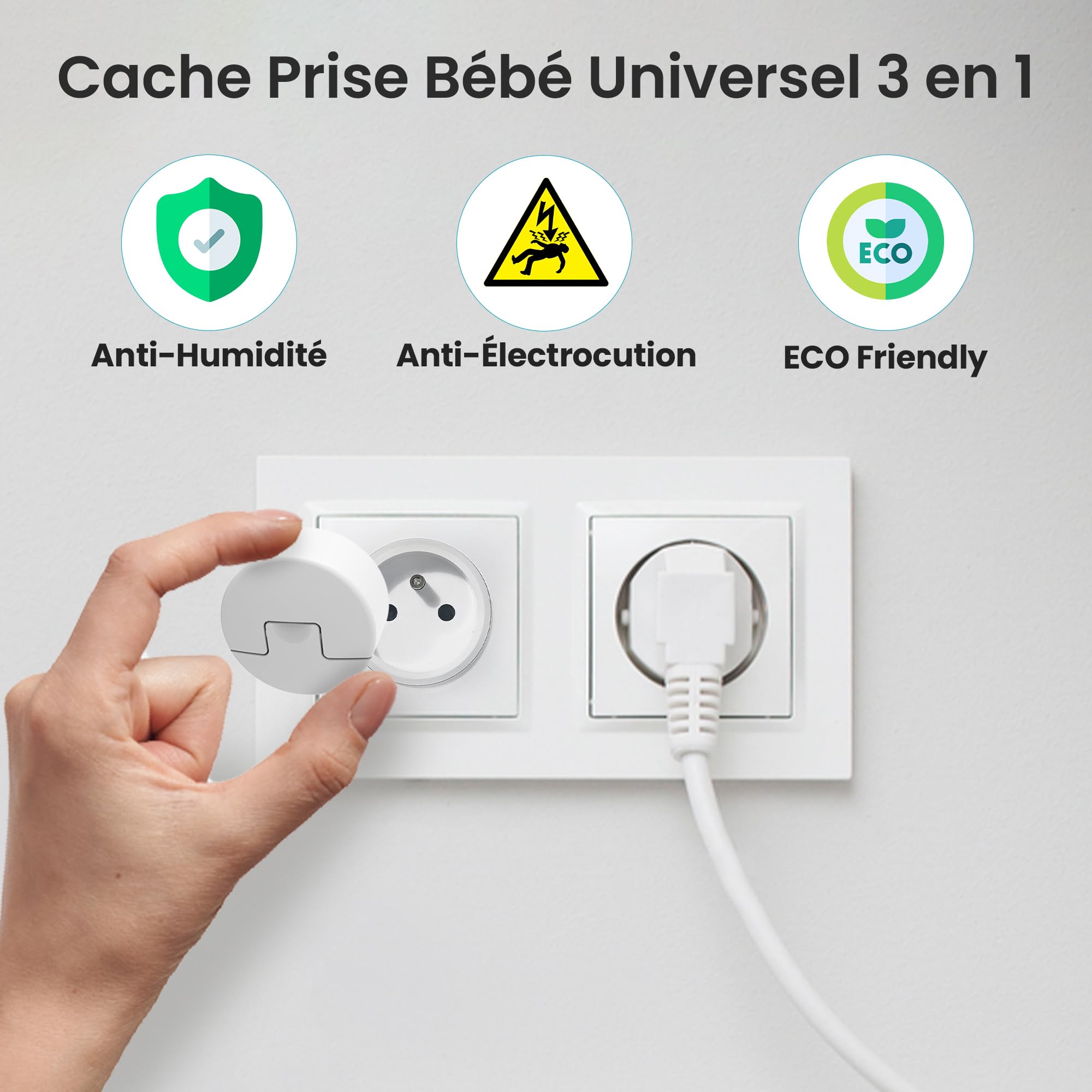 NOUVEAU Cache Prise Bébé FRANÇAIS Automatique - Universel - KEBYCO Paris - [16 Pcs] - Sécurité Electrique Enfant - Sans Adhésif - Sans Clef - Anti Poussière - Étanche - Invention Française