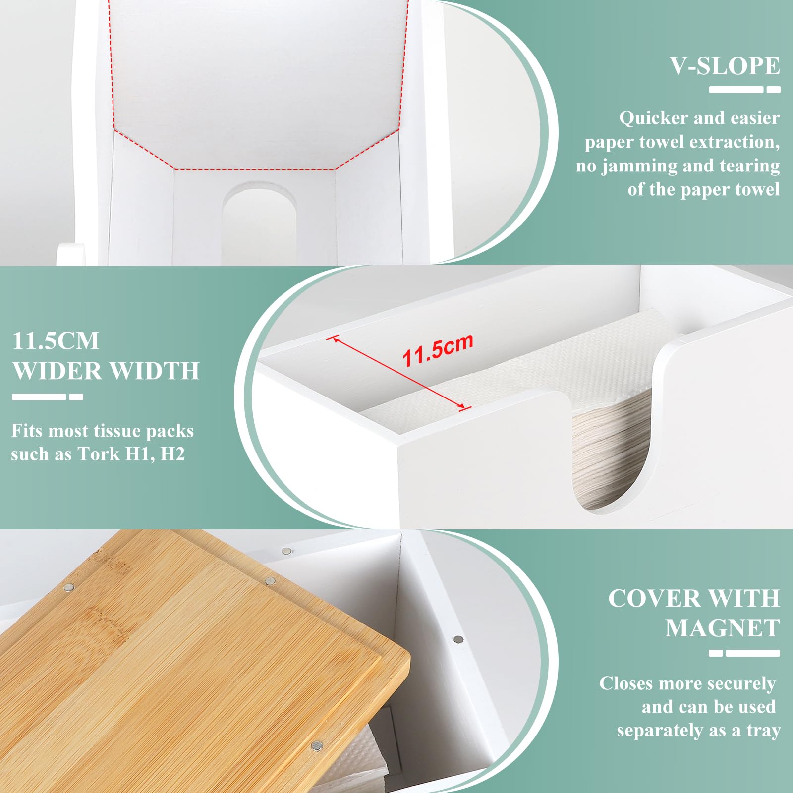 EFUTURETIME Distributeur Essuie Main Mural en Bambou, 27.5x16x13cm, Distributeur à Serviette en Papier avec Couvercle Magnétique pour Pliées en V/C/Z, Cuisine, Salle De Bain, Blanc