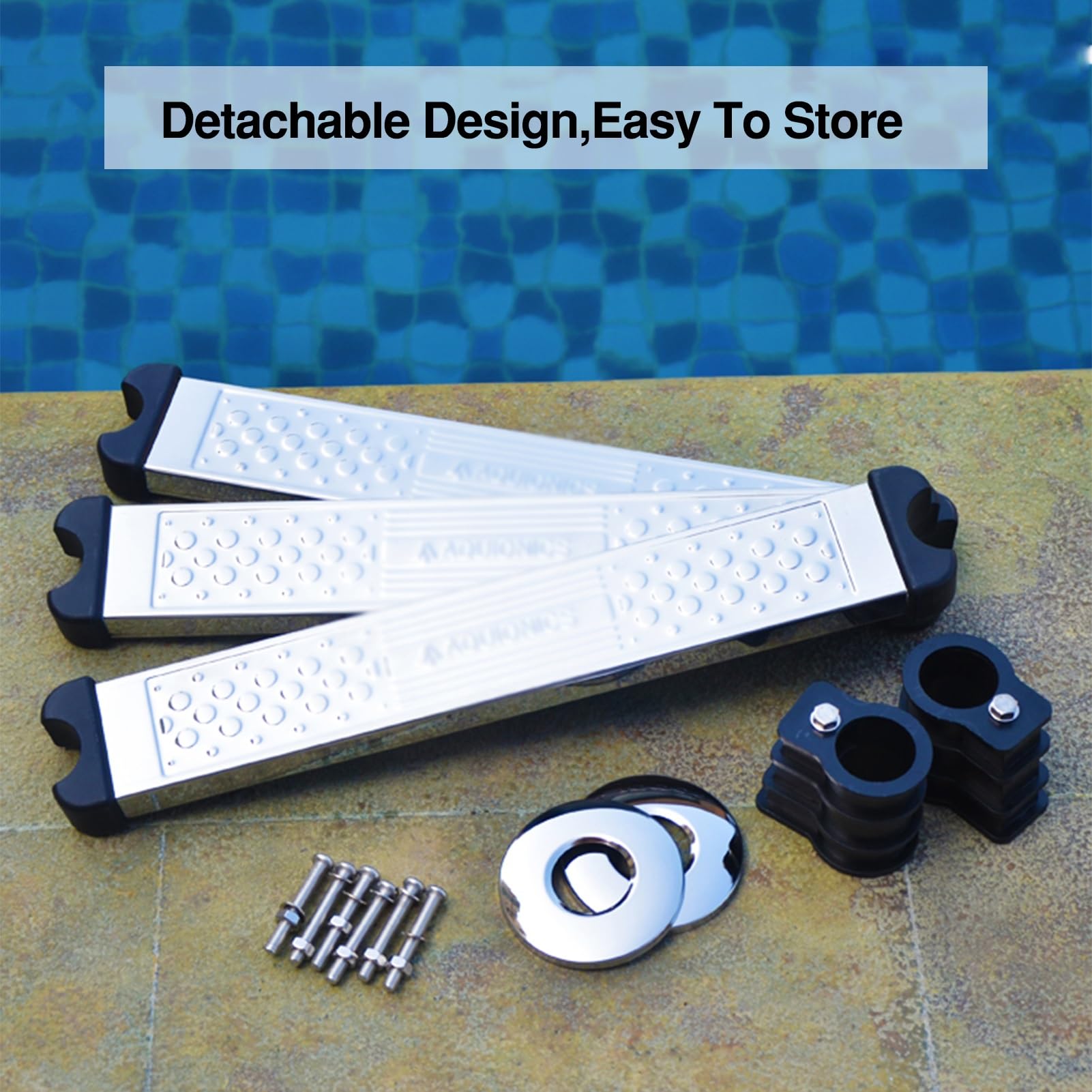 Scale mobili per Piscine, gradini in Acciaio Inox con Superficie Antiscivolo, Adatte a Piscine, stabilimenti balneari e parchi Acquatici (3 gradini)