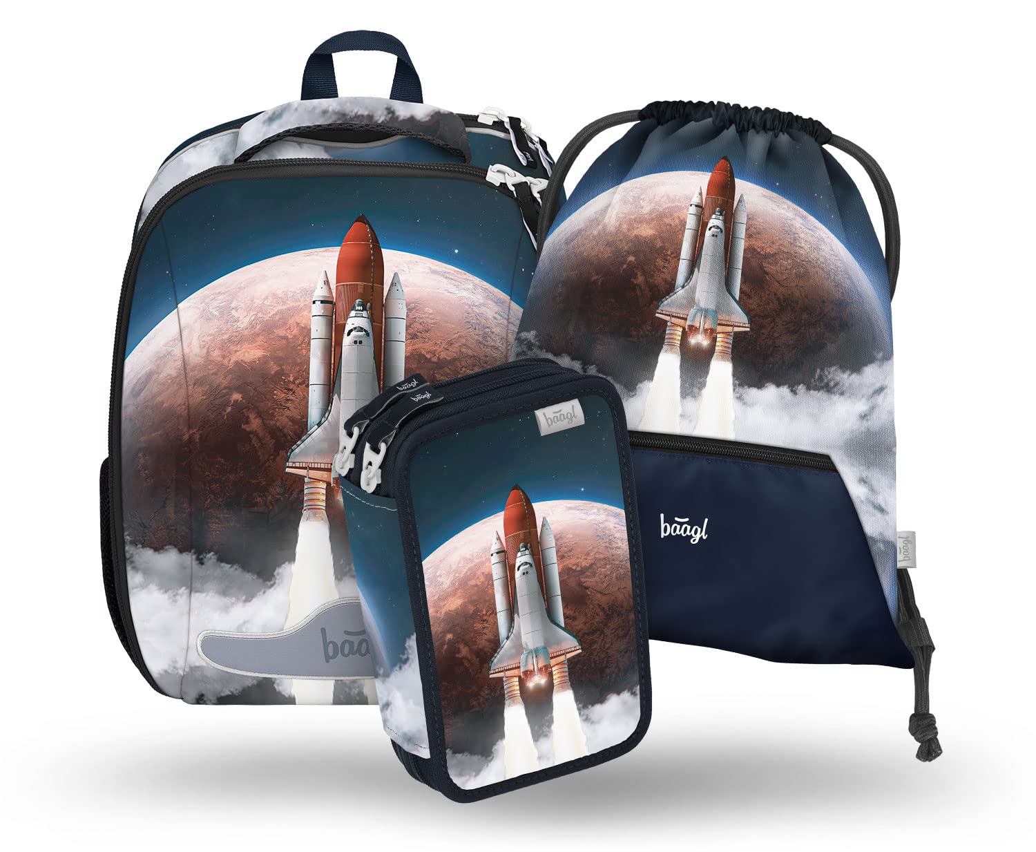 Baagl Shelly - Juego de 3 mochilas escolares para niños a partir de 1ª clase, mochila ergonómica para escuela primaria con correa para el pecho, Space Shuttle, Juego de mochila escolar