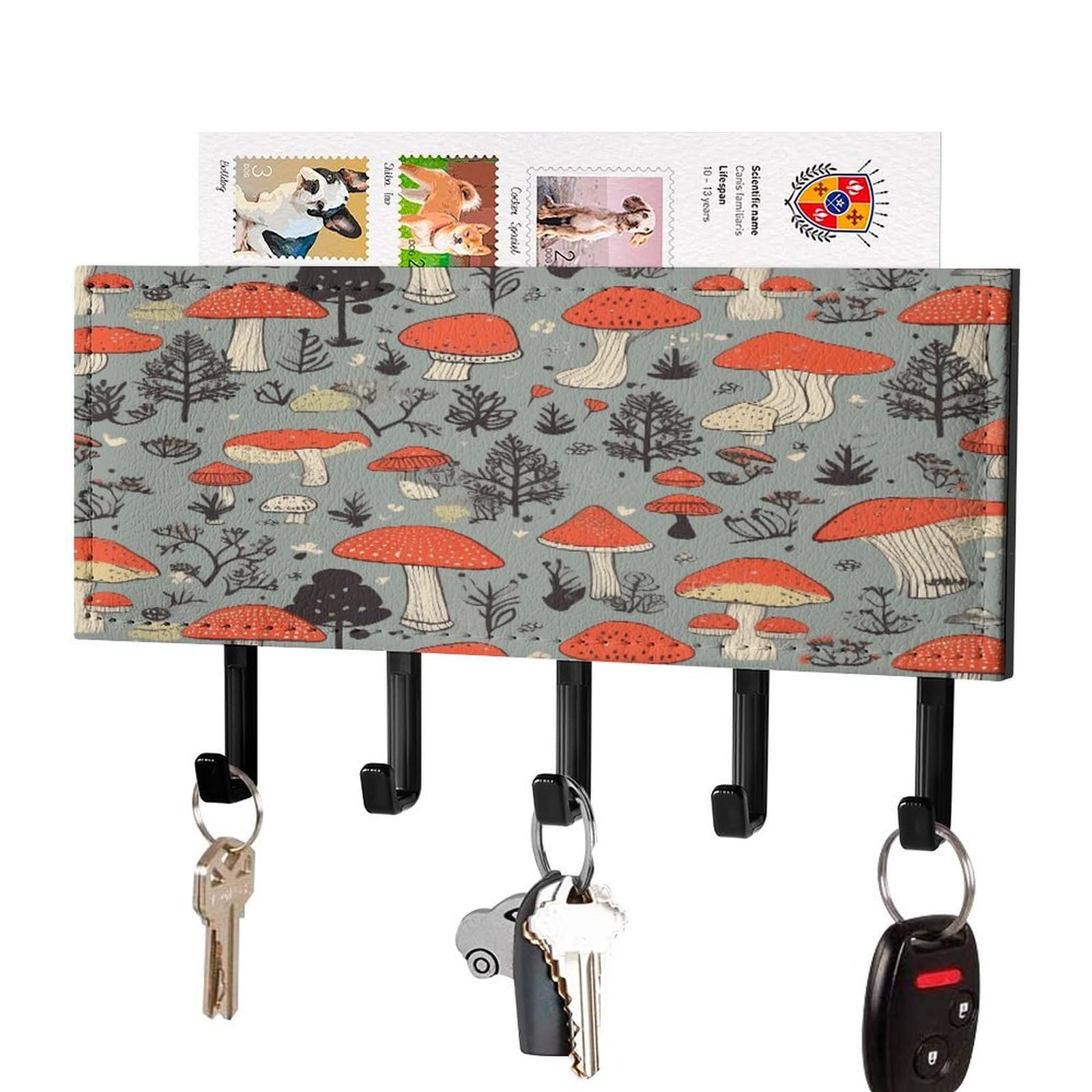 FekiLoot Mushroom2 Key Holder for Wall Decorative Mail Organizer with 5 Key Hook Self Adhesive Key Rack with Tray Coat Rack Wall Mount Key Hanger Decor for Entryway Door