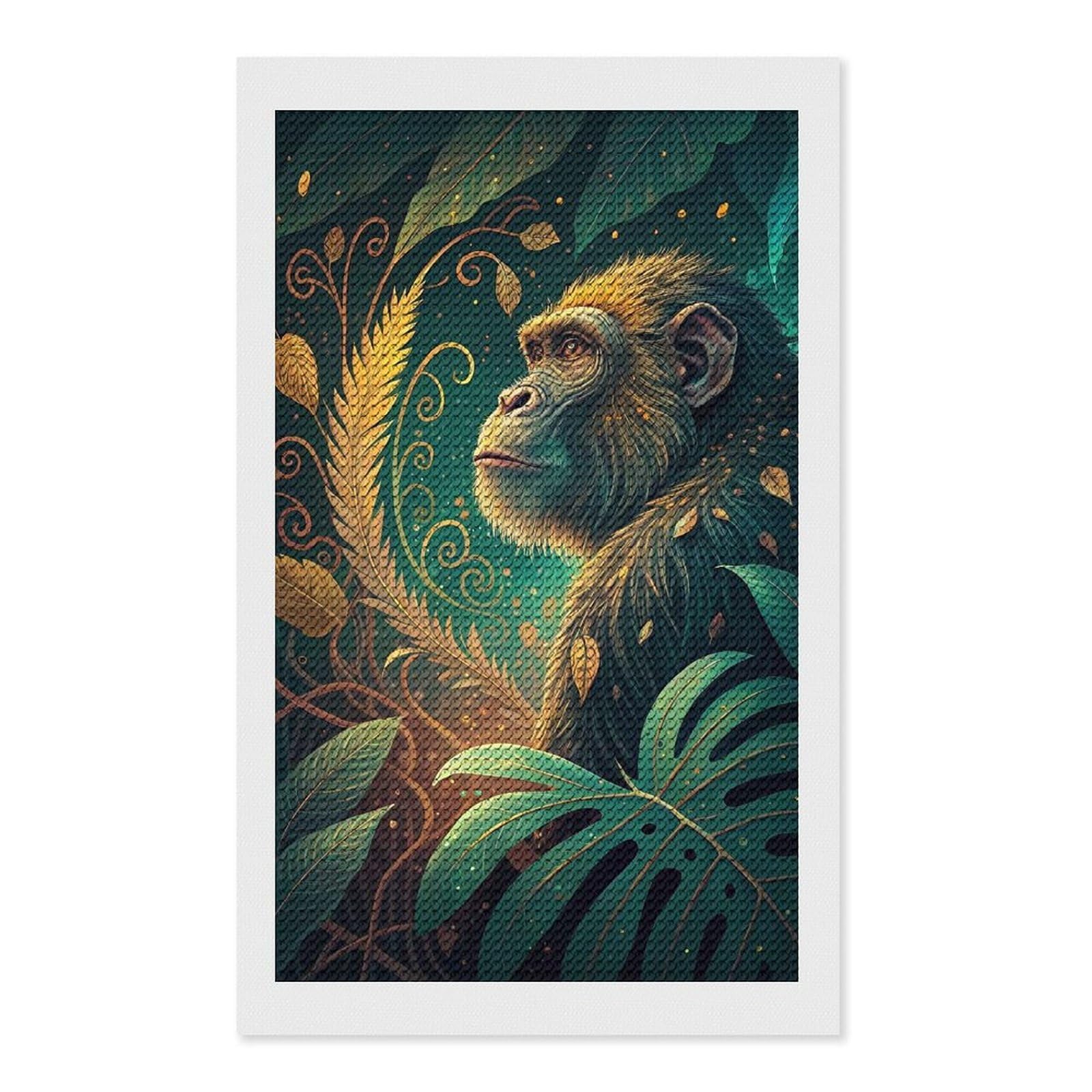 Junmoney Chimpanzee in Lush Jungle Illustration Diamond Painting Canvas Set 12"x20", Mindful Craft Activity, Nice Detail and Sparkle, Farmhouse Decor, Birthday Gift