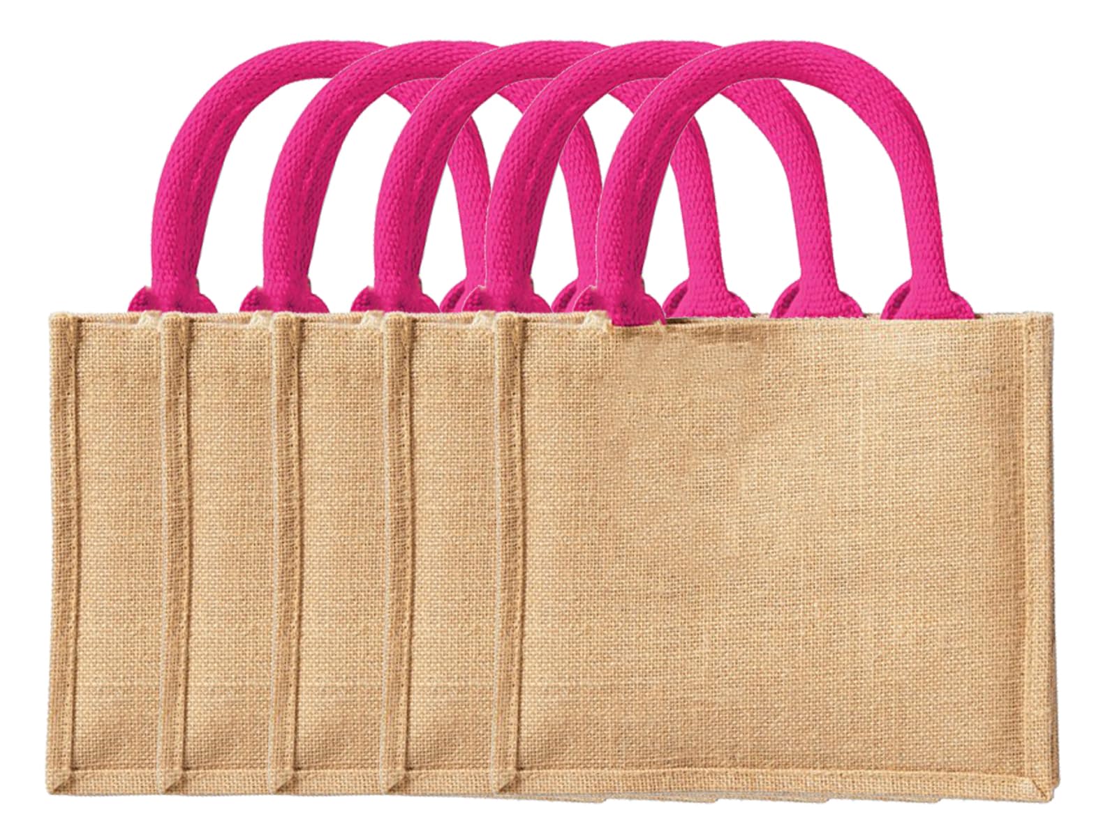 NGWorld Pack of 5 Jute Mini Gift Bags - 5 x Natural/Fuchsia - One Size