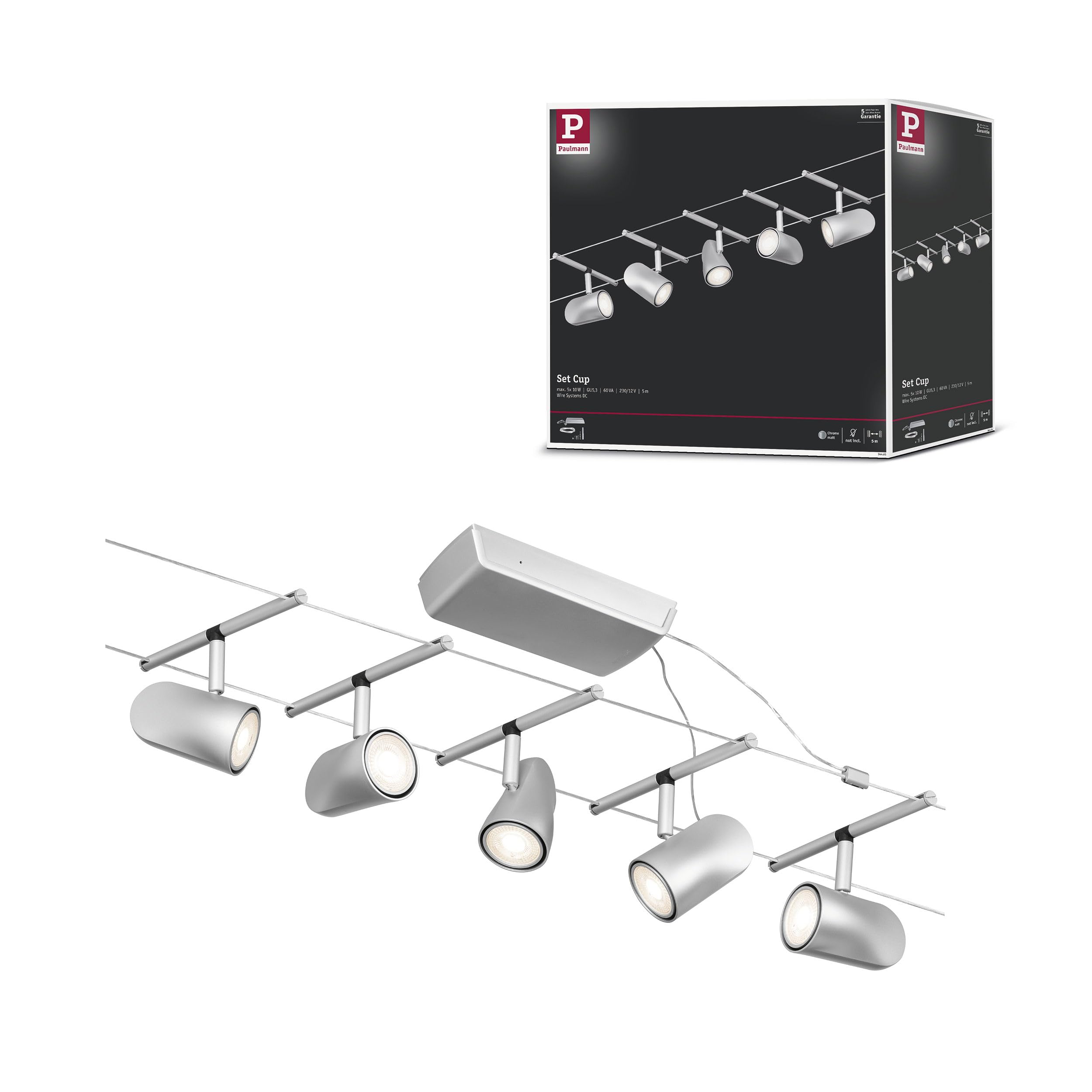 Paulmann 94465 CorDuo Seilsytem Set Cup DC max. 5x10 Watt erweiterbar Chrom matt Kunststoff, Metall GU5,3 Drahtseilsystem ohne Leuchtmittel