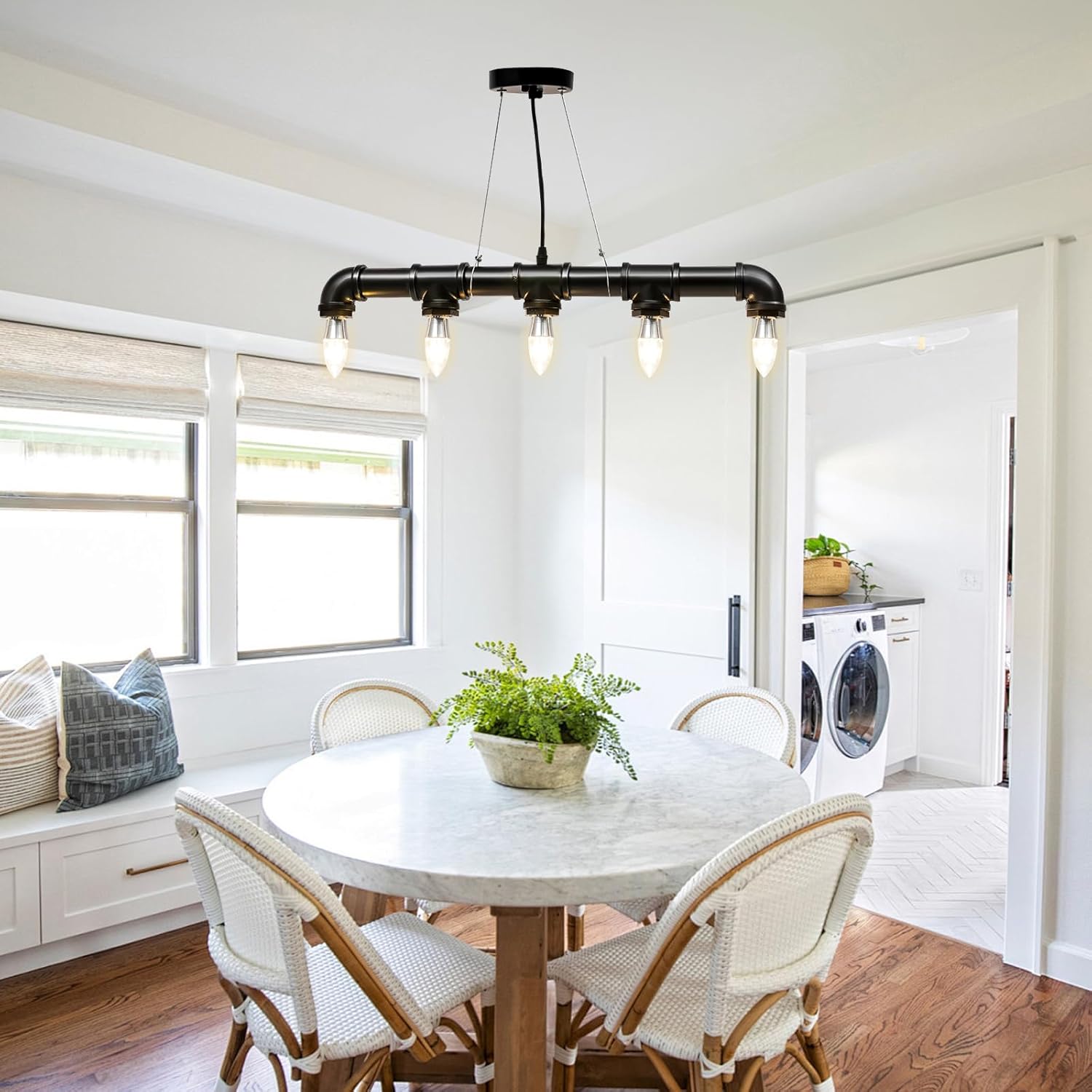 TFCFL 5-Light Water Pipe Chandelier, 25.6" Length Industrial Vintage Hanging Pendant Lamp Wrought Iron Ceiling Light Fixture for Living Room Bedroom Farmhouse (Black)