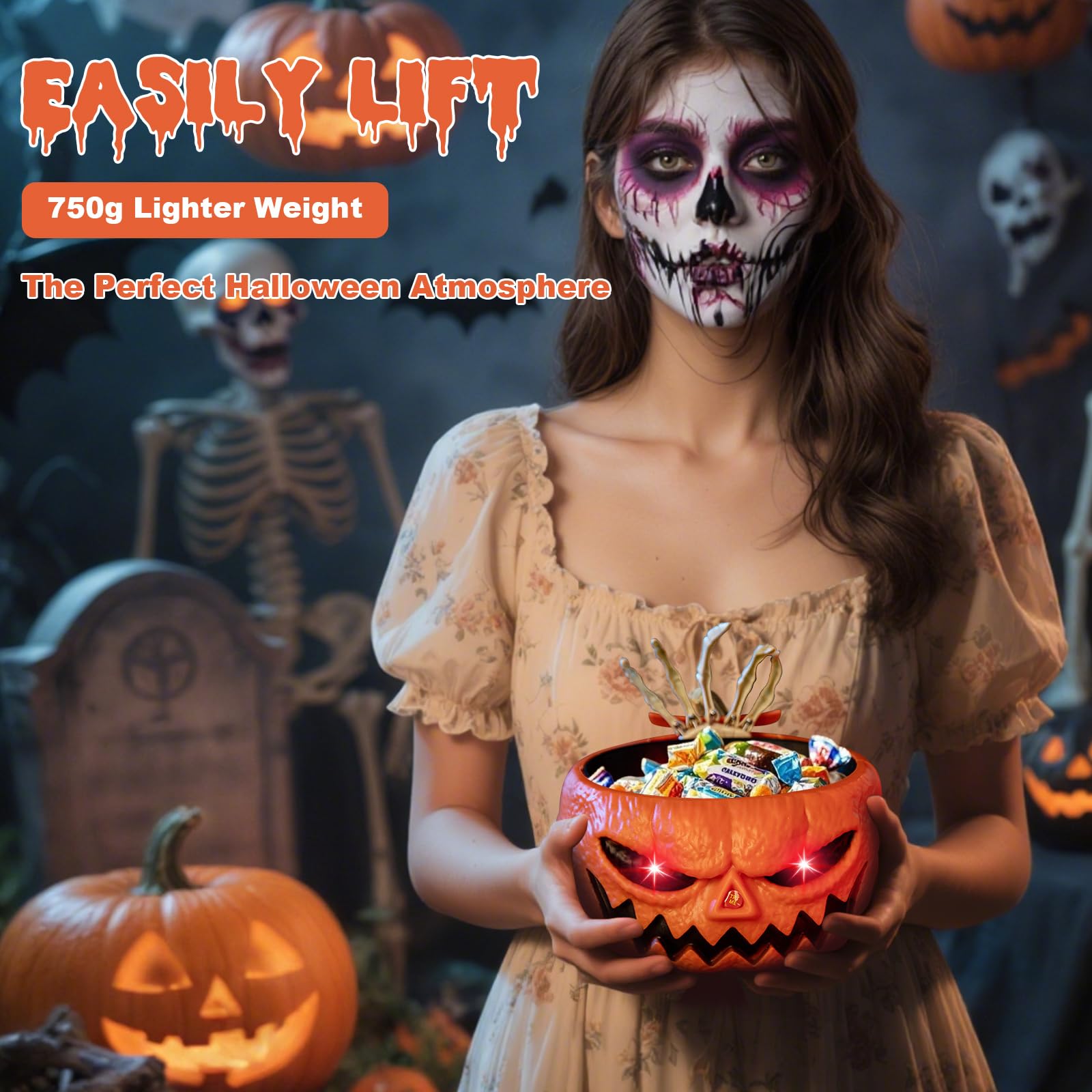 Qivine Luminosa de Tazón de Dulces de Halloween, Cuenco de Plato de Dulces con Cubiertos de Manos Esqueleto, Esqueleto Animado de Decoração Halloween con Sonido