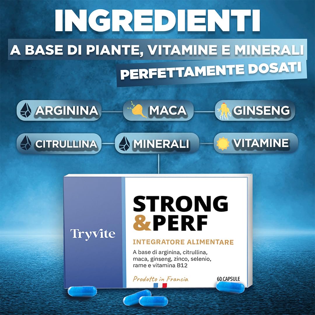 Formula Pratica per Uomini Attivi | 60 Capsule con Ginseng, Maca, Arginina, Citrullina e Zinco | TRYVITE STRONG&PERF