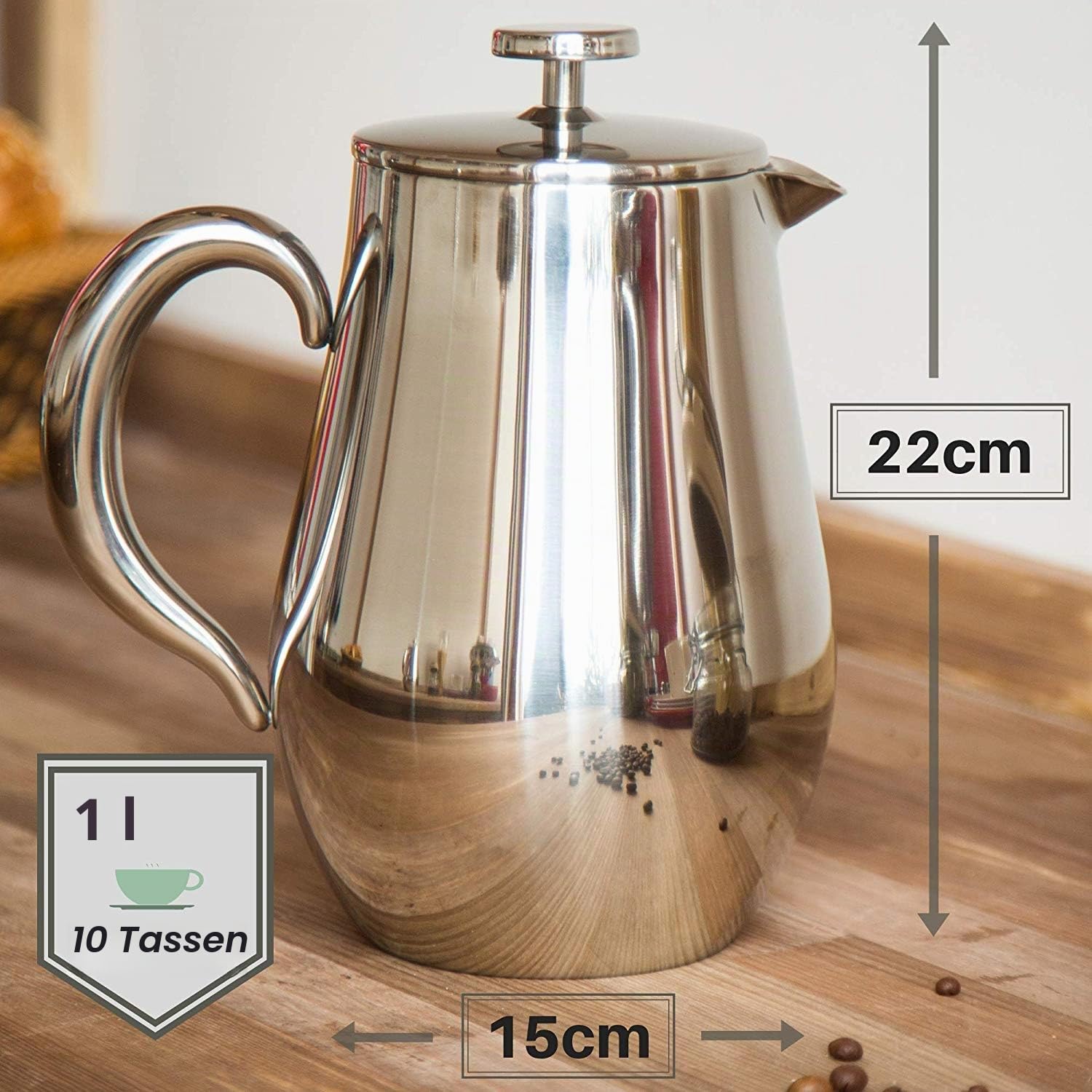 VeoHome French Press Kaffeebereiter Kaffeekanne unzerbrechlich und hält Ihren kaffee dank der Doppelhülle lange warm (1 Liter)