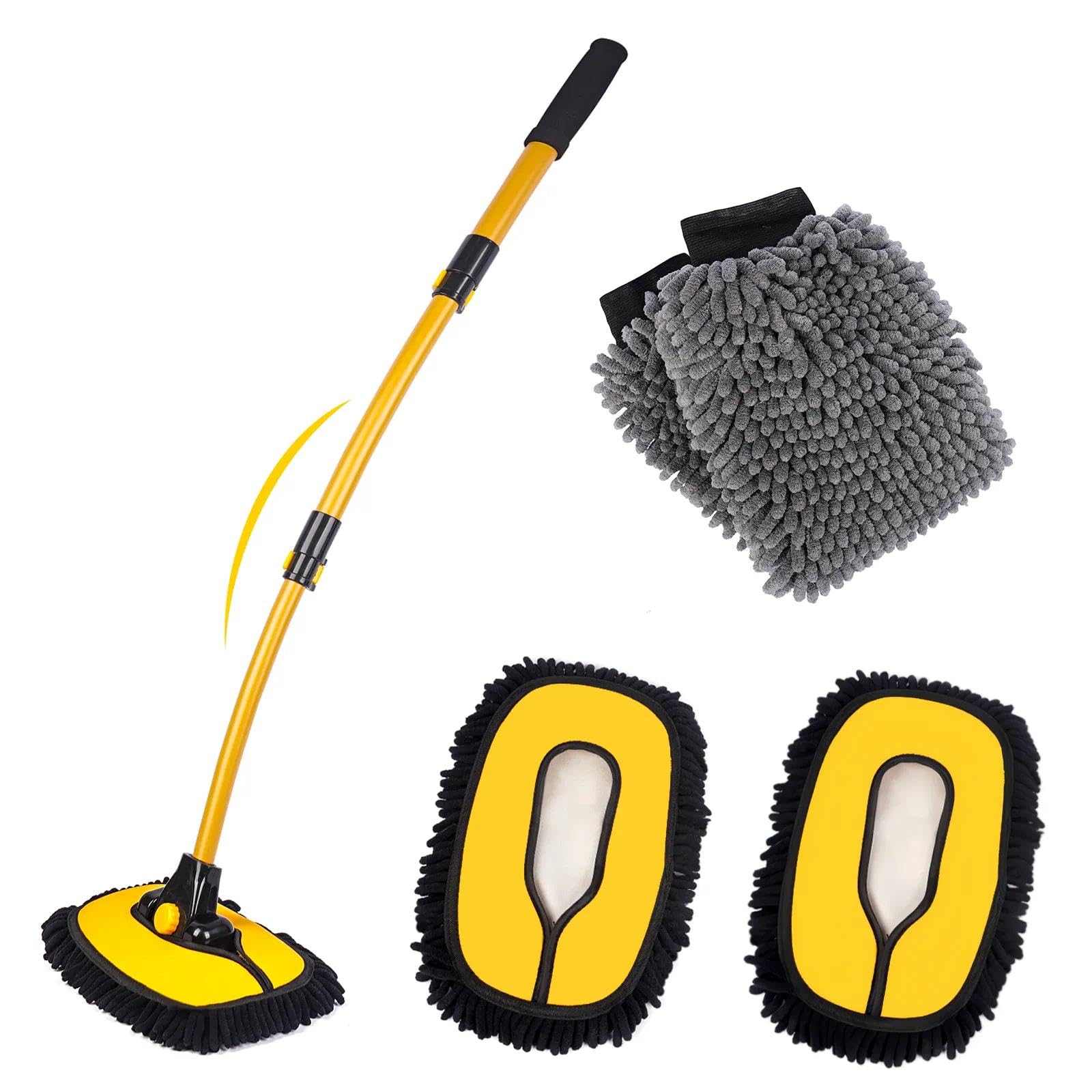 MIKKUPPA Waschbürste Auto 15° Bogen mit Teleskopstiel – Mikrofaser Autowaschmopp, Kratzerfreie Reinigungsbürste für Auto, SUV, LKW, Wohnmobil, mit 2 Mop-Köpfen & 2 Waschhandschuhe