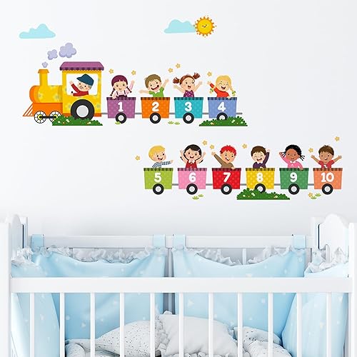 Calcomanías de pared con números de tren para niños, calcomanías de pared para despegar y pegar, adecuadas para guardería, habitación de bebé, sala
