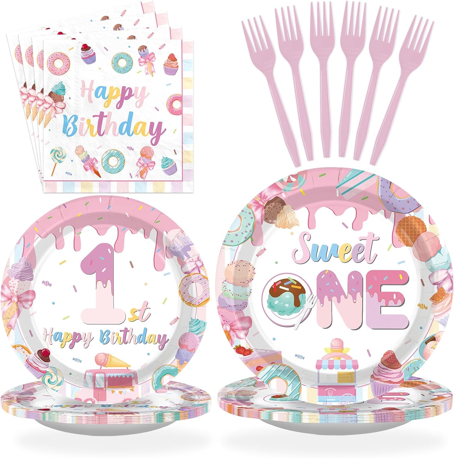 96 Pcs Sweet One Birthday Party Decorations Ice Cream Donut 1st Birthday Plates and Napkins Disposable Summer Ice Cream Donut Candy Theme Tableware Set for Girls One Year Old Party Supplies Serves 24