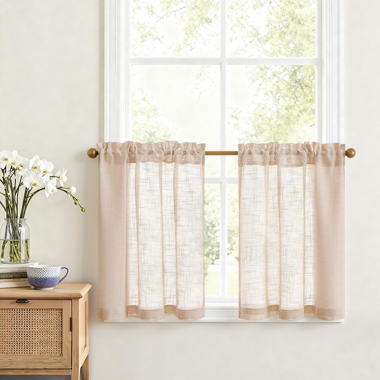 VANGAO Voile Scheibengardine Transparente Bistrogardine Sheer Unifarbige Tunnelzug Küchenvorhang