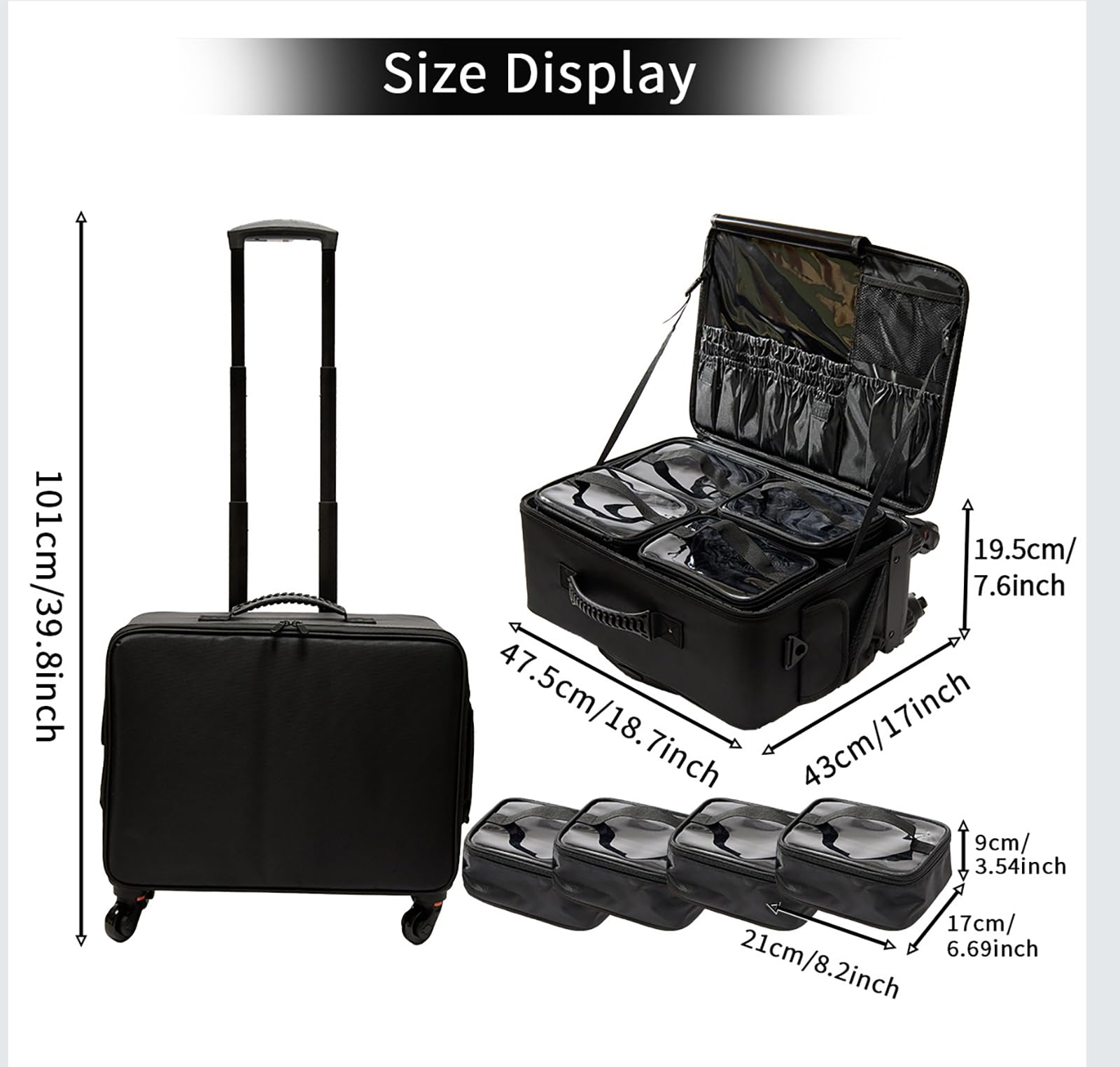 SUILU Rolling Makeup Train Case,Makeup Suitcase with Wheels, Trolley Travel Hairdressing Case with Adjustable Divider,Multi-functional Cosmetic Train Case- BLACK