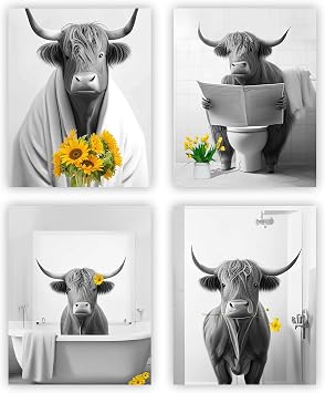 MOCVSWO Funny Highland Cow Bathroom Decor,Black And White Highland Cow Bathroom Poster Decoration,Cute Animal Bedroom Bathroom Decoration Prints Set Of 48x10Inches,Unframed.