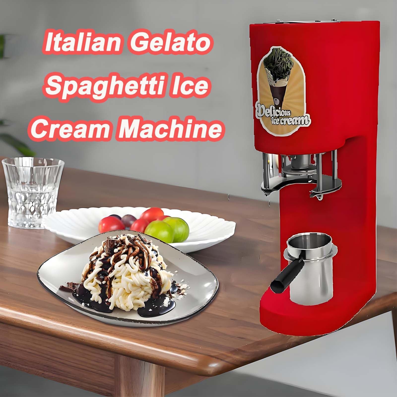 Professionelle Spaghetti-Eismaschine, 0,42-Liter-Edelstahlbehälter, 28–30 l/h hohe Kapazität für Softeis in 4 Formen, lustige Nudeleis- und Sorbetmaschine für Kinder und Familienfeiern red