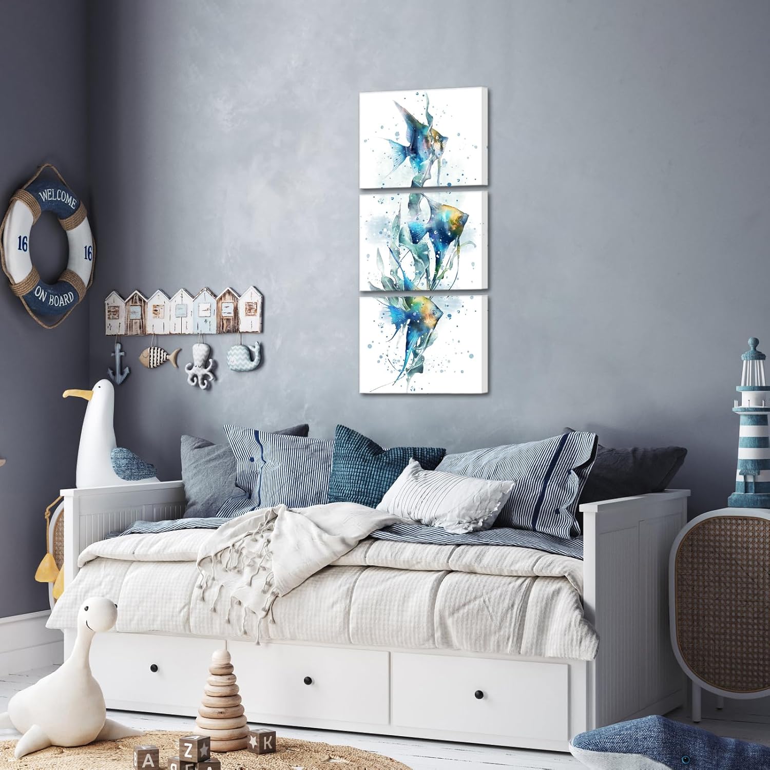 Apicoture Teal And White Canvas Decor Tropical Marine Wall Art with Vibrant Ocean Theme Painting Perfect Fish Posters For Beach House or BathroomWall Decor (002)