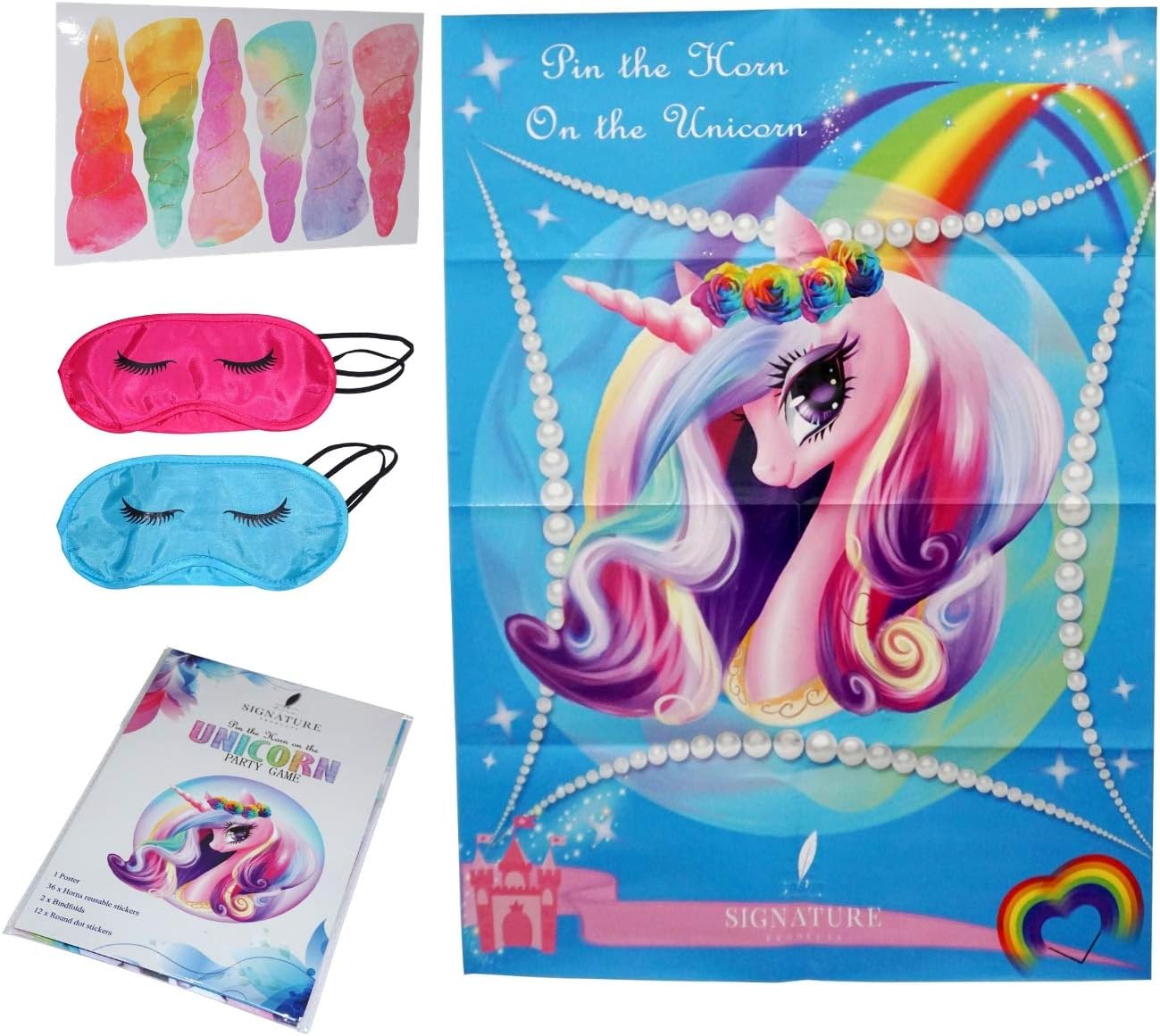 Signature Products Pin the Horn on the Unicorn Party Game | Kids, Games, Supplies, Decor, Decorations, Gifts, Favors for Little Girls Birthday | Large 21" x 29" Poster | 36 Reusable Horns | 2 Blindfolds | Pin the Tail on the Unicorn