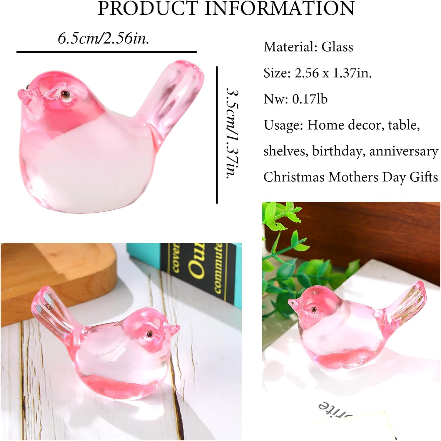 Crystal Pink Birds Figurines, Handmade Glass Birds Collectible Figurines Paperweights Blown Crystal Bird Decor Gifts for Bird Lovers Women Mom Friends (Pink) - Image 2