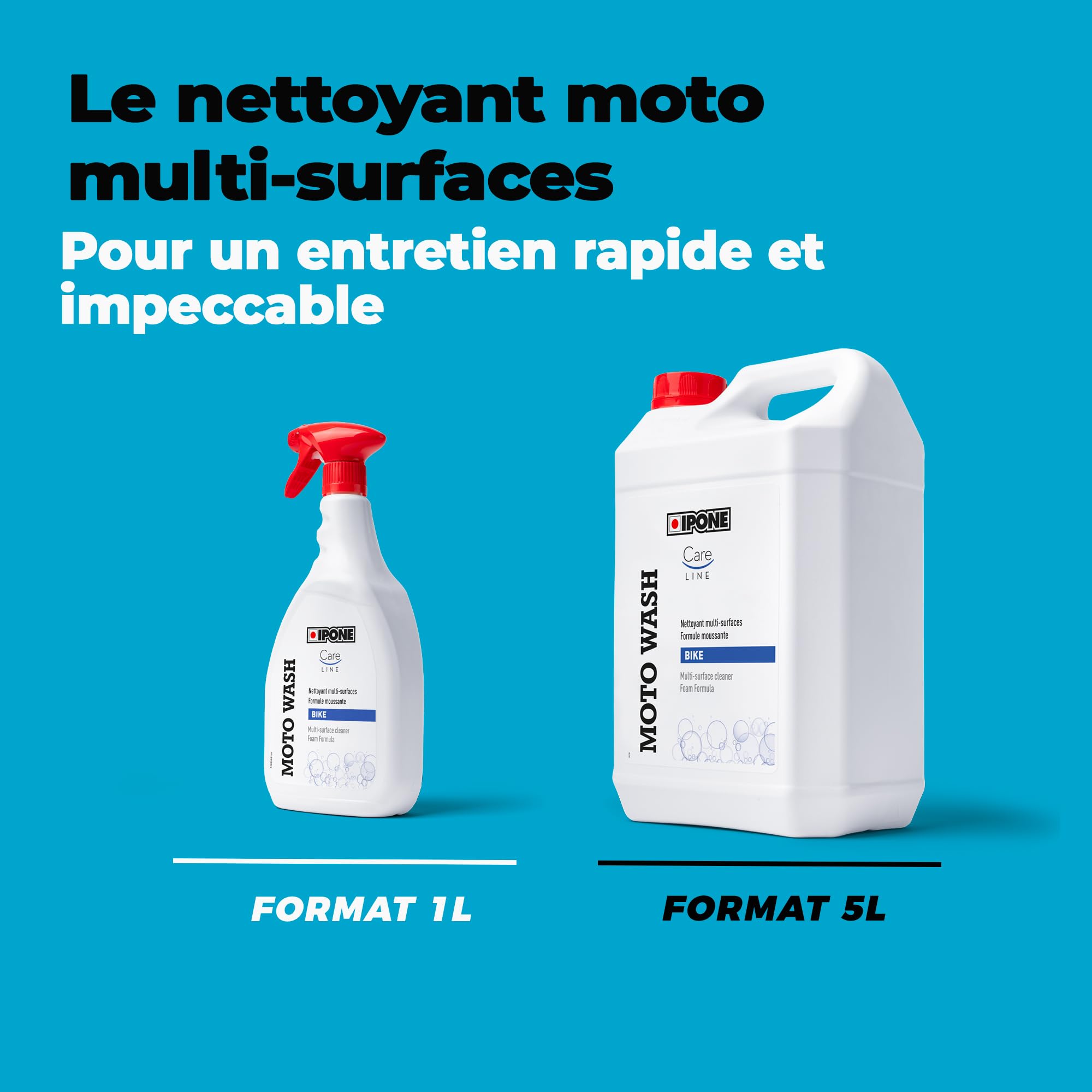 IPONE - Nettoyant Moto Multi Surfaces - Moto Wash – Formule Ultra Puissante - Ne Laisse pas de Trace – Enlève Tous Types de Salissures - Agit en 2 Minutes - Effet Moussant Ultra Rapide – 5L