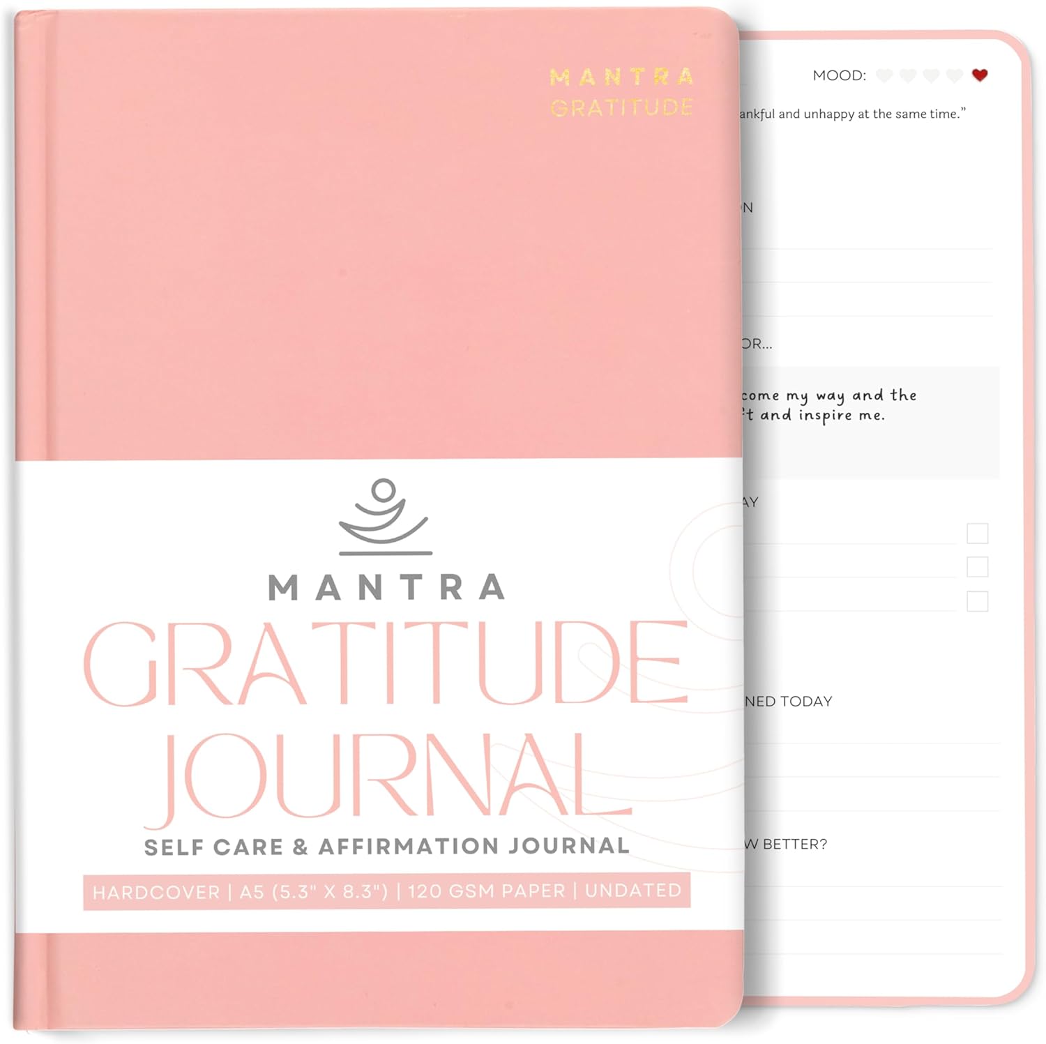 Gratitude Journal For Women & Men - Mental Health, Self Love & Self Care Journal - Pink - 5.8" x 8.3" - Mantra Planner