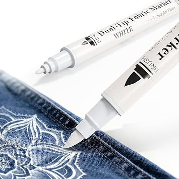 White Fabric Marker Pen Permanent for Clothes, Dual Tip Opaque Laundry Marker for Stain & Bleach Mark Covering on Dark Fabrics, No-Bleed Fabric Pen for Clothing, Washable Fade-Resistant, 2 Pack