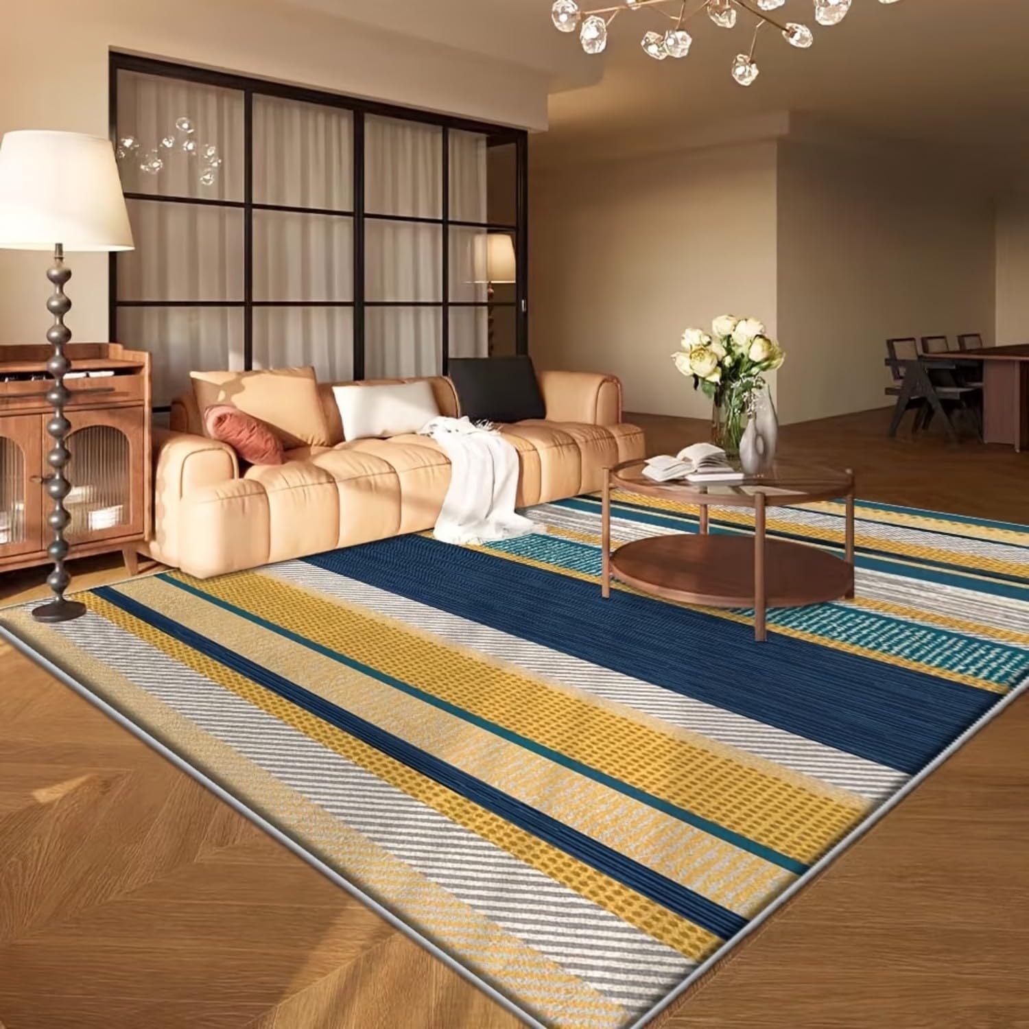 USHIRUG Modern Striped Area Rug, 70x140cm Navy Blue and Mustard Yellow Rug, Colourful Block Pattern Carpet, Large Decorative Washable Rug Multi-Colour Geometric Carpet for Living Room Bedroom Lounge — image 1