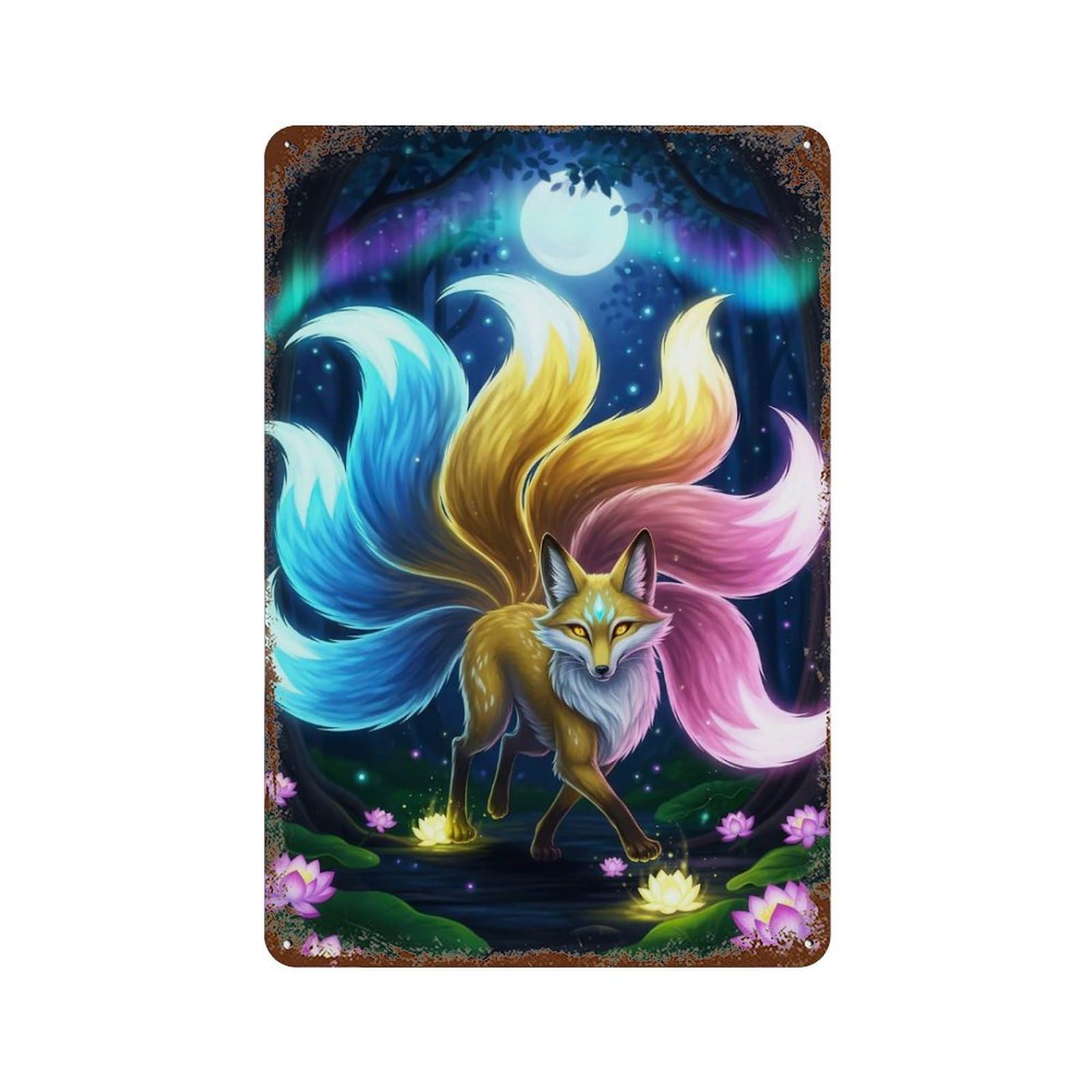Nine-tailed Fox in Forest 11.8"x7.9" Decorative Tin Sign, Retro Wall Decor for Bistro, Counter And Cafe Decor