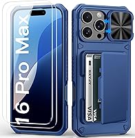 Vista 66 de Funda para iPhone 16 Pro Max con tarjetero (4-5 tarjetas), funda deslizante para cámara y protección de grado militar, a prueba de golpes, Azul