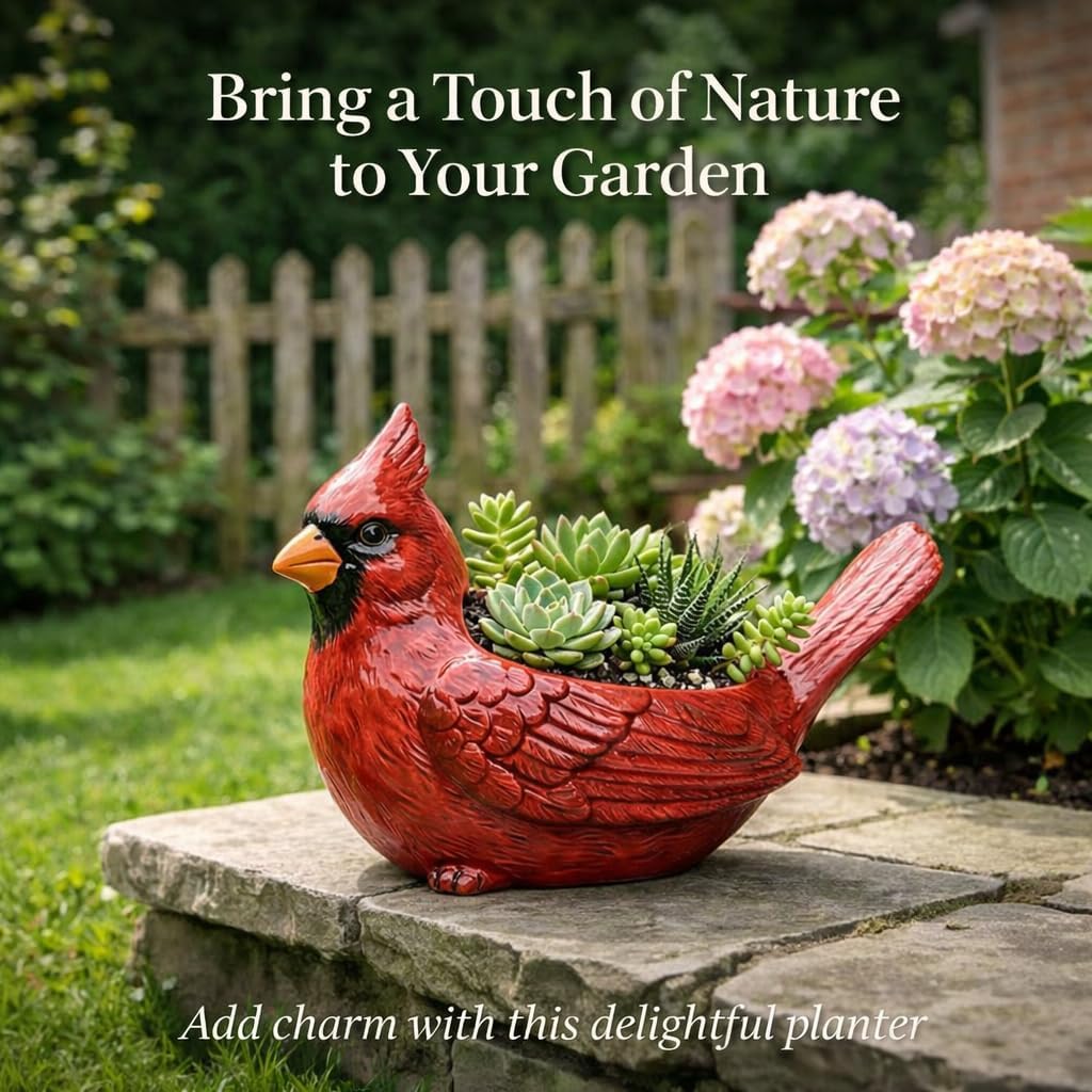 Cardinal Bird Succulent Planter, Red Resin Decorative Flower Pot, Bird Flower Pot & Outdoor Planter Pot, Resin Cardinal Flower Pot for Desk & Garden Decor, Unique Gift Idea (Red+Green)