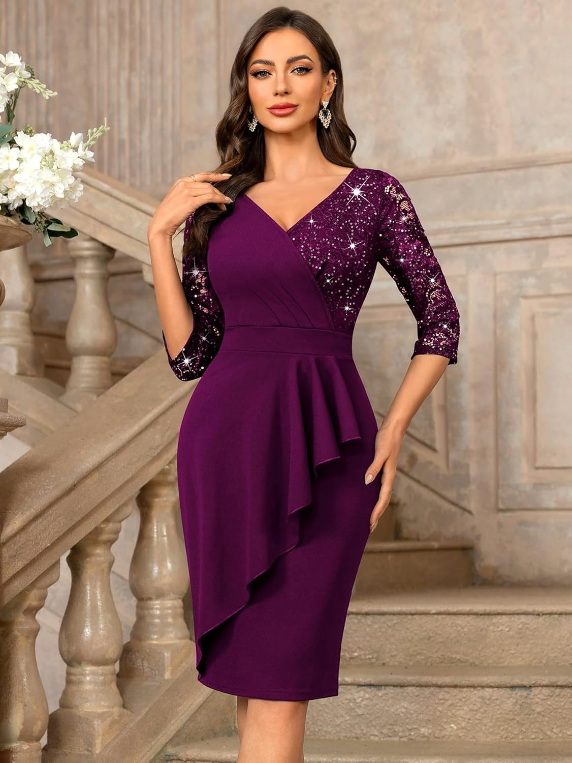 Miusol Women's Classy V-Neck Glitter Sequin Lace 3/4 Sleeve Cocktail Party Dress - Image 3