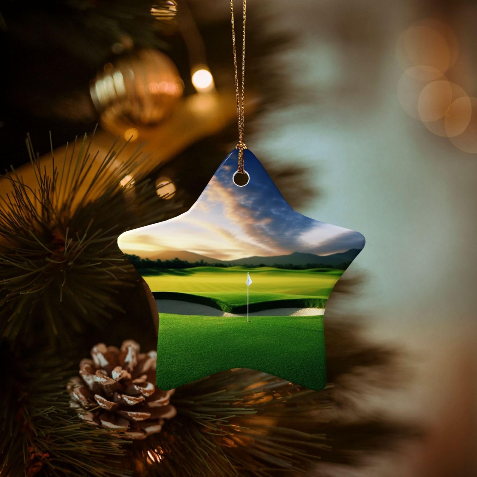 Christmas Tree Ornaments Ceramics Christmas Decorations Golf Course Ornaments with Gold Ribbon Porcelain Xmas Tree Crafts Star Shape Hanging Pendant for Christmas Tree Party Decor