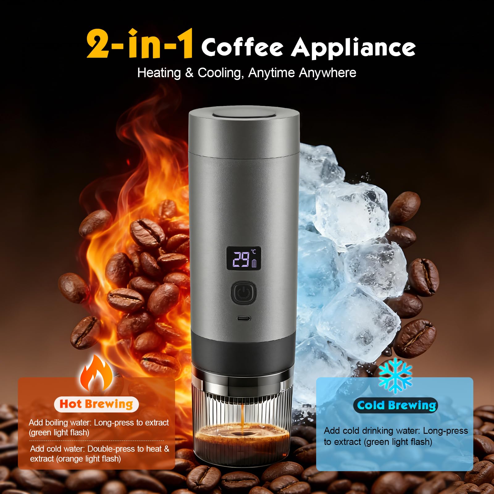 Machine à expresso portable 3 en 1 avec batterie – 20 bars, extraction à froid/chaud, compatible avec capsules et café moulu, USB C, mini machine à café pour camping, voiture, bureau et voyage