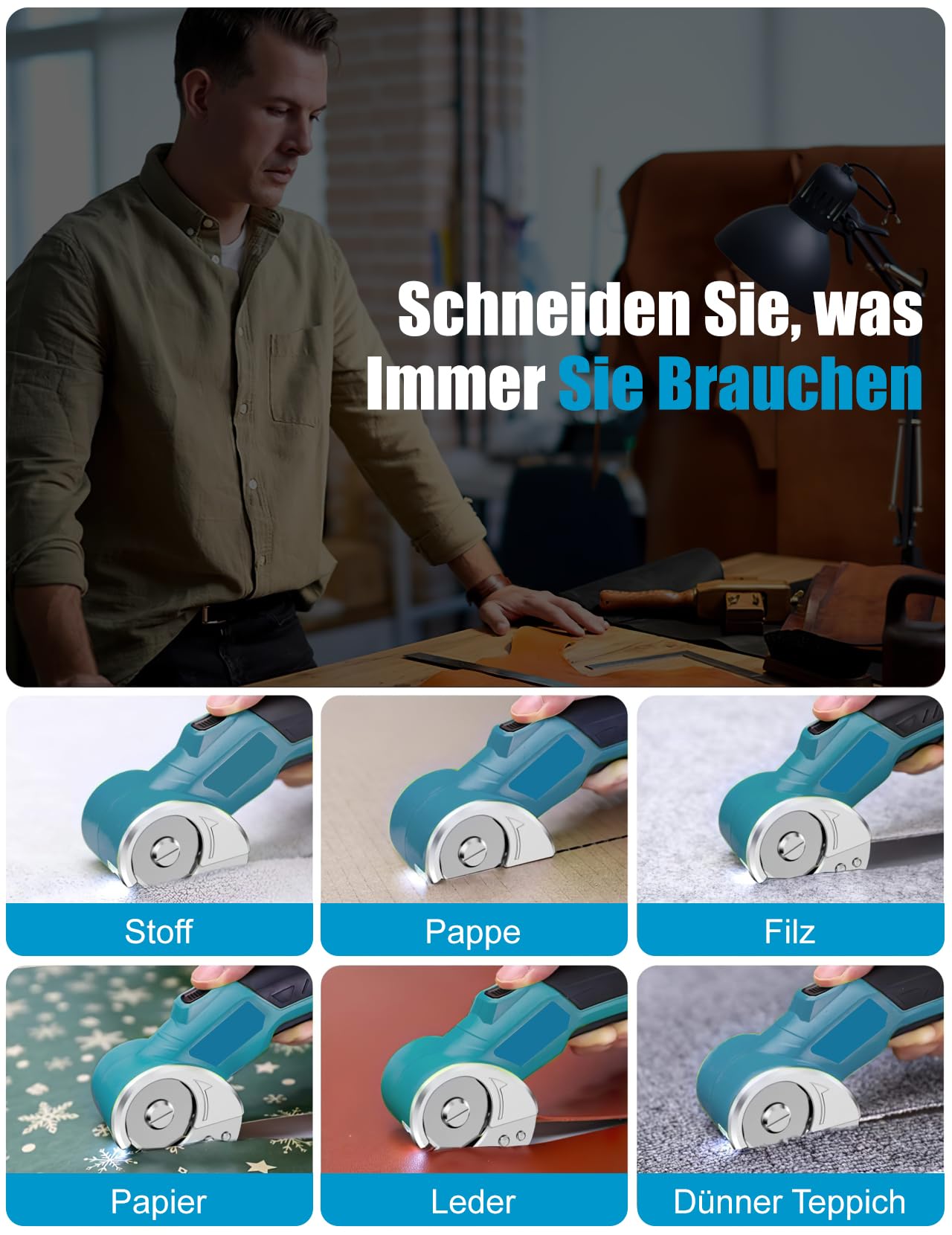 Elektrischer Schere, Tragbarer Kartonschneider mit Sicherheitsschalter, Kabellos Rotationsschneider Wiederaufladbar mit 320 U/min Zum Schneiden von Leder, Karton, Teppich, Filz (Blau)