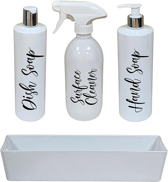 GPG White Kitchen Organisation Set  Mrs Hinch Inspired Dish Soap, Hand Soap, Surface Cleaner Dispenser & Tray  (Set C, Black, Font A)