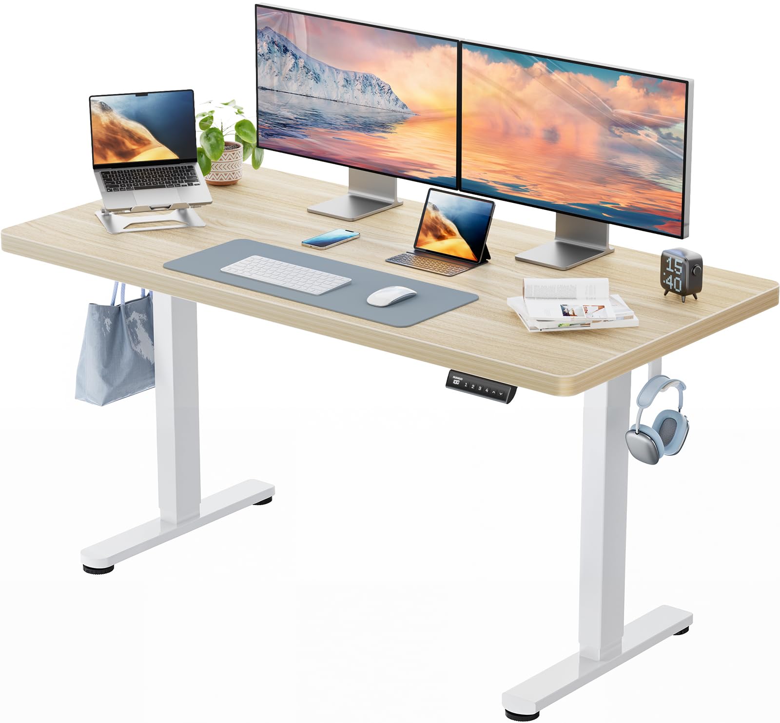 HUANUO Escritorio de altura regulable 140 x 70 cm, 25 mm, todo el tablero de mesa con motor sin escobillas, asiento ergonómico de pie, escritorio de pie eléctrico de fácil montaje para oficina en casa