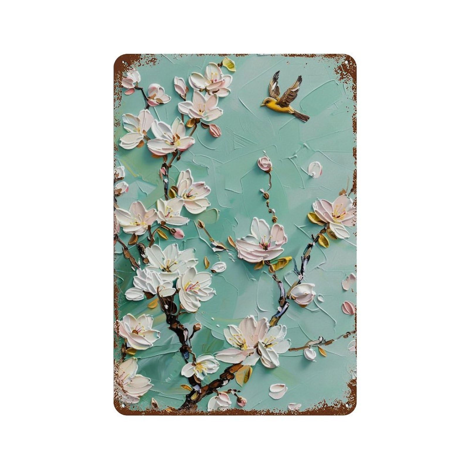 WUJHGRSG Impasto Teal Background White Blossom Twig & Flying Bird 04 Wall Art Retro Iron Vintage Metal Tin Sign Poster Modern Decor for Home Cofffee Club Bar Shop Style 30x20cm