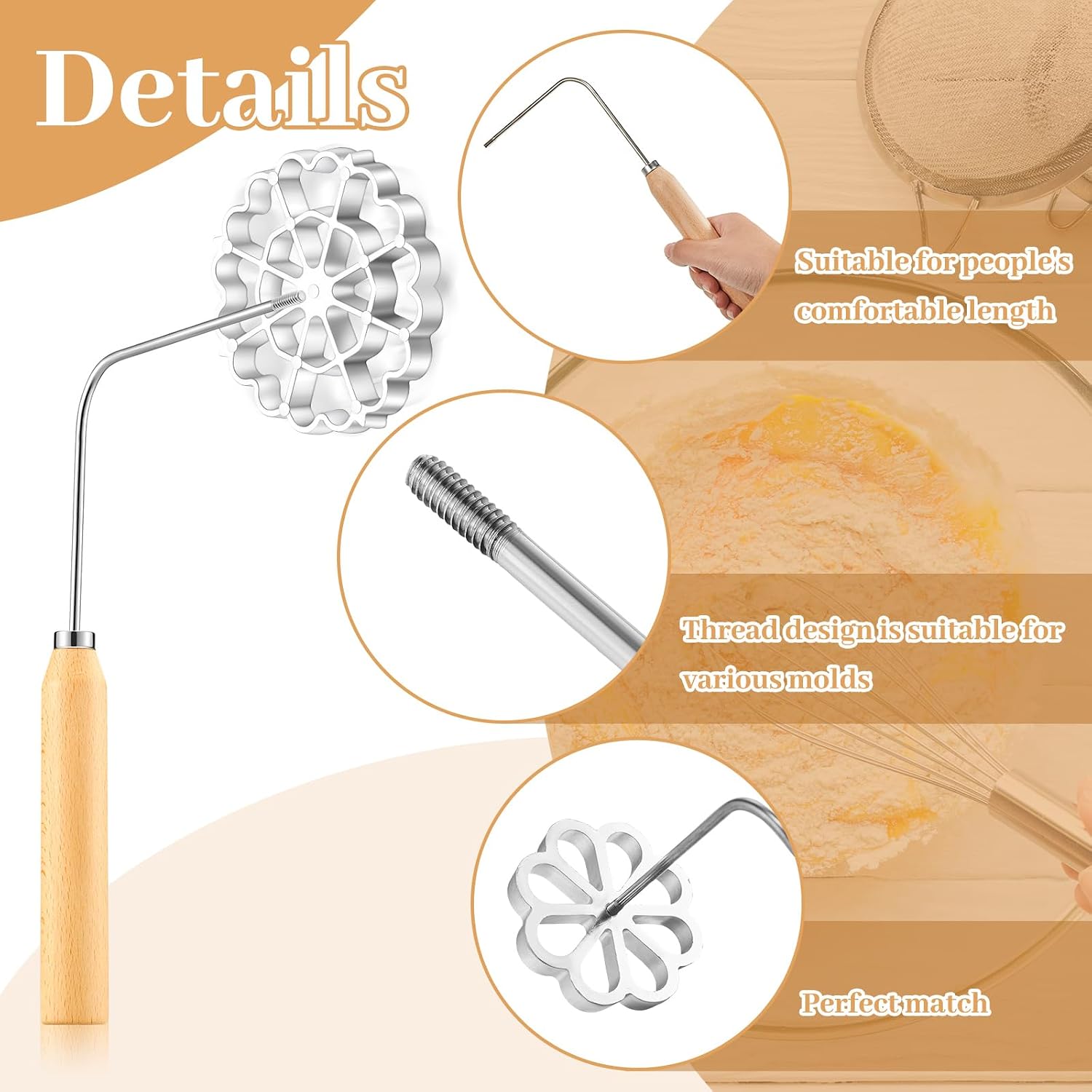 Teenyyou 3 Pcs Bunuelos Rosette Mold with Handle Achappam Iron,Wood