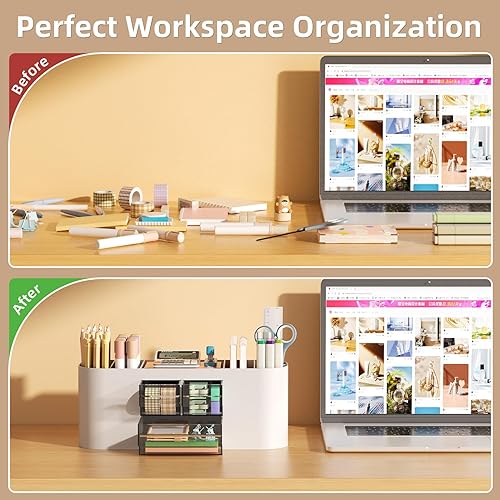 Miniatura 6 de Marbrasse Organizador de escritorio con 3 cajones, soporte multifuncional para lápices, organizadores de escritorio y accesorios con 7